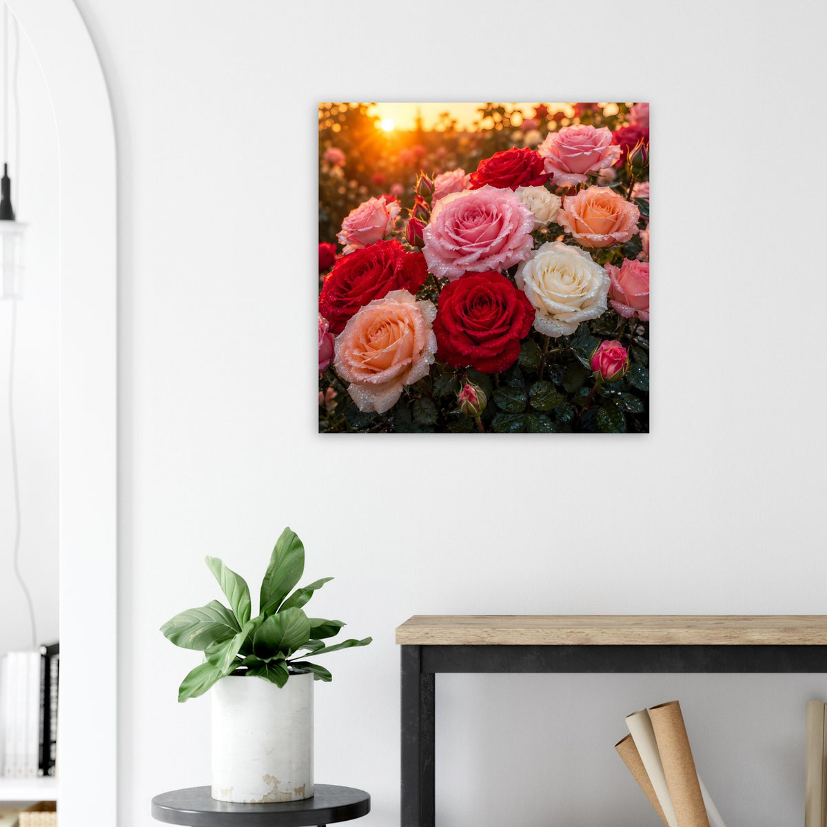 Quadratisches Rosenposter mit schwarzem Rand und detaillierten Rosenblüten im Nahblick