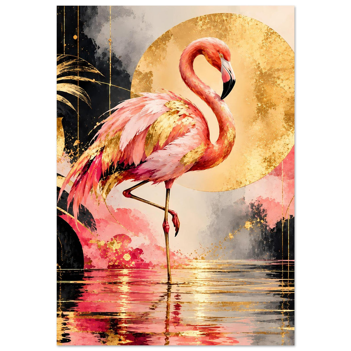 Tierposter mit pinkem Flamingo, goldenem Kreis und Spiegelung im Wasser