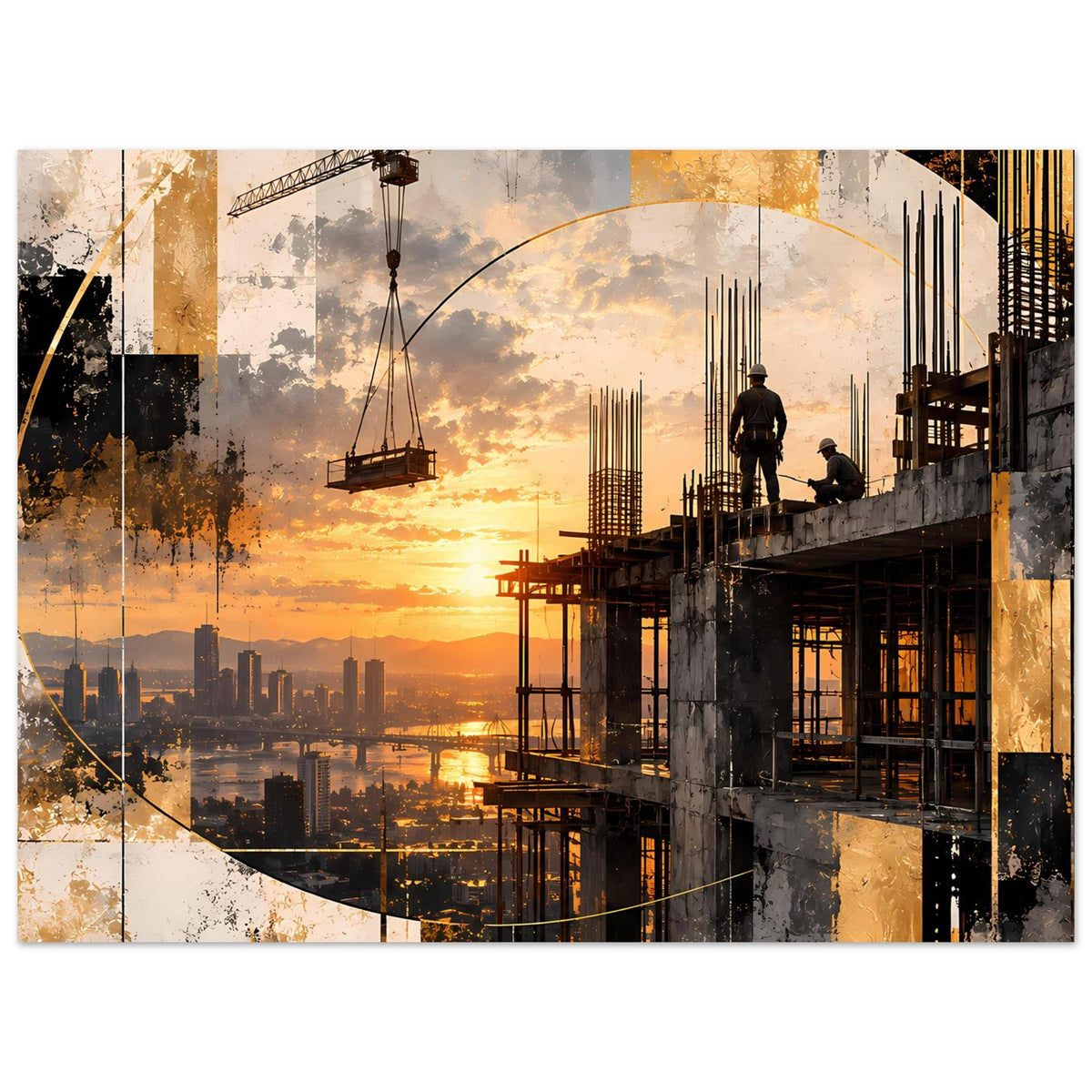 Horizontales Abstraktes Konstruktionsposter mit Sonnenuntergang, Industriegebäuden und Kran