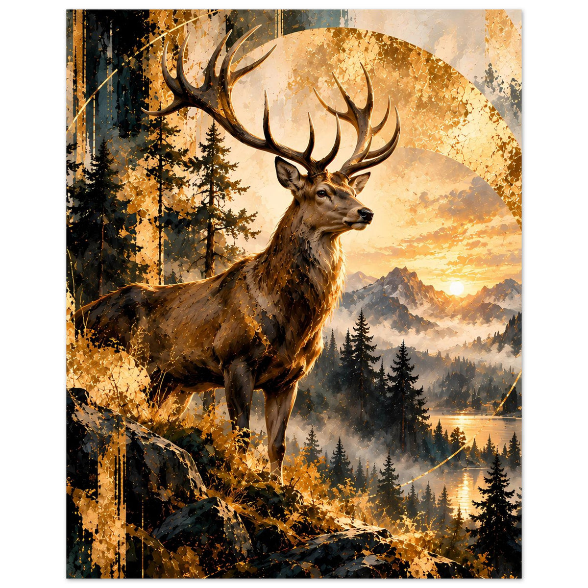 Wandposter mit Hirsch im Sonnenuntergang, vertikales Motiv mit Wald und Bergen