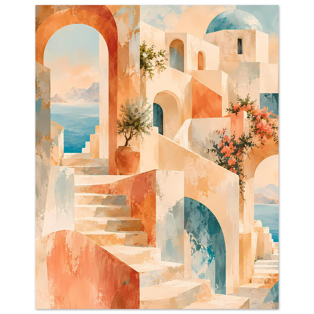Mediterranes Poster mit Treppenstufen, hohen Bögen, pastellfarbenen Häusern und Blüten