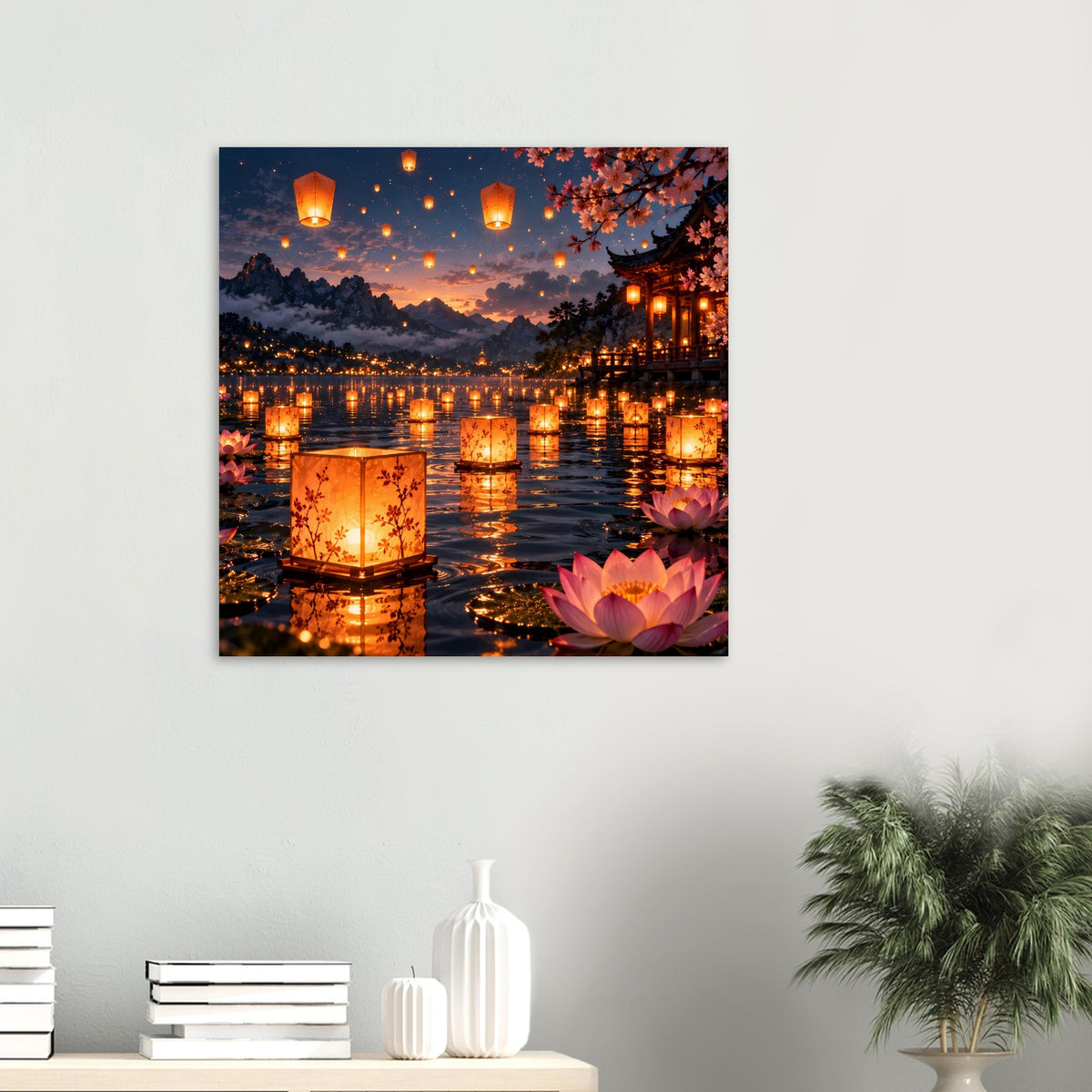 Quadratisches Wandposter: Lampions am Fluss bei Dämmerung mit Lotusblüte