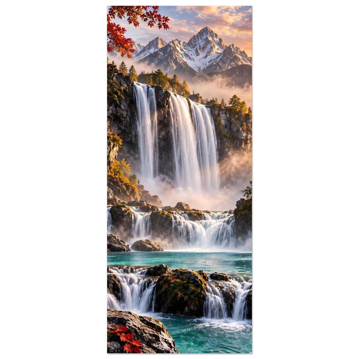 Hochformatiges Poster mit Wasserfällen, türkisfarbenem Fluss und Berggipfeln im goldenen Herbstlicht