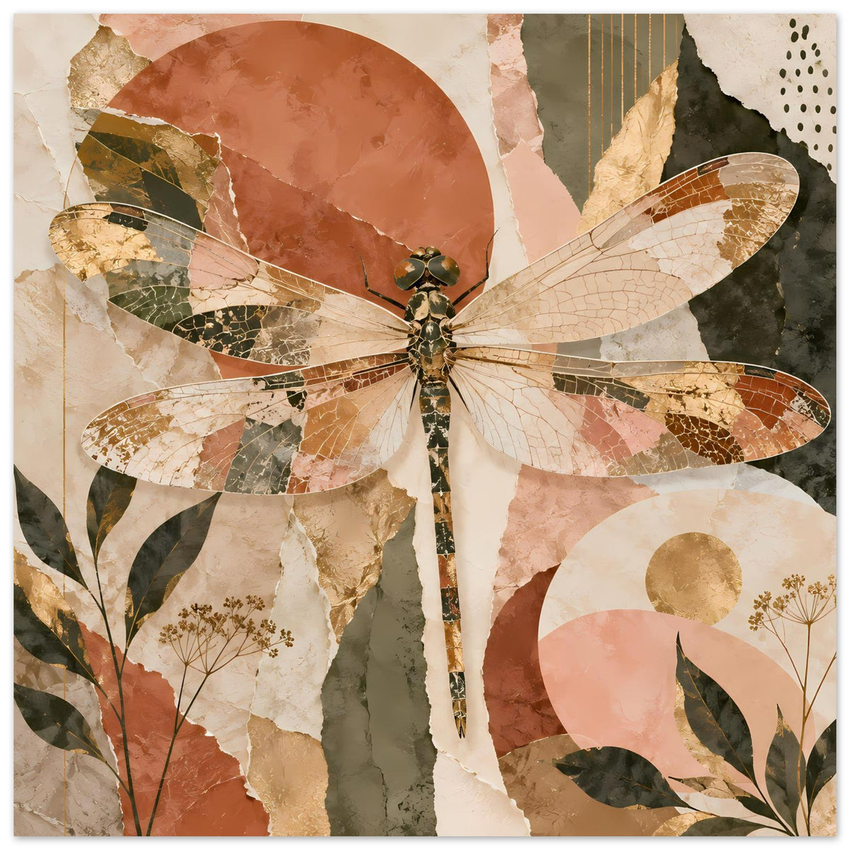 Libellen-Poster im Boho-Stil, horizontal: Libelle mit Blattornamenten und Tupfen