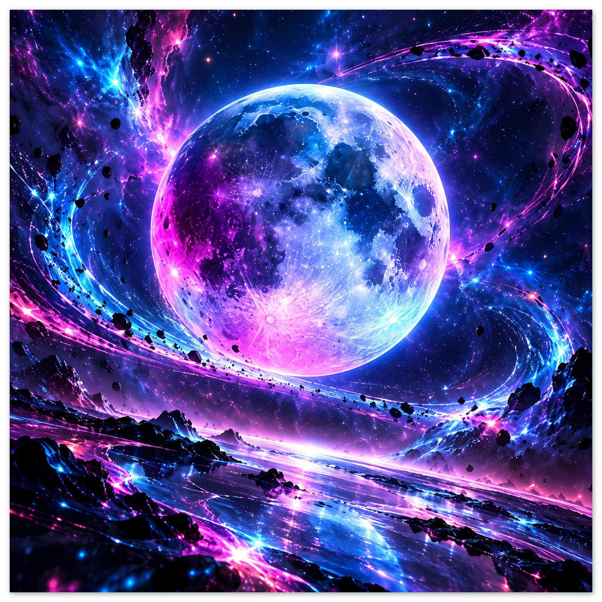 Kosmos-Poster mit großem blauen und violetten Planeten, Sternen und gekrümmten Raumringen