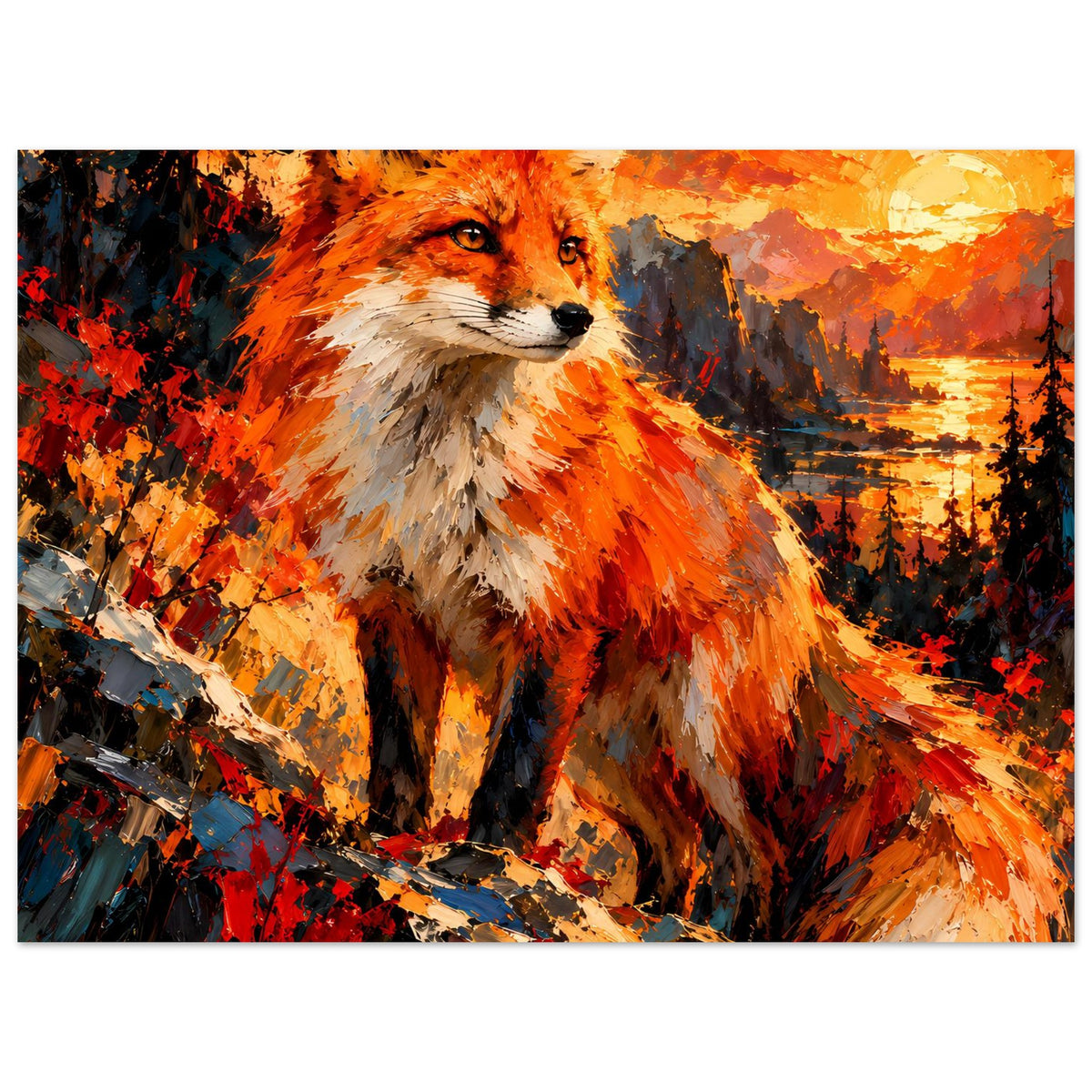 Fuchs-Porträtposter in warmen Farben, orangebraunes Fell, dunkle Bäume und leuchtender Himmel