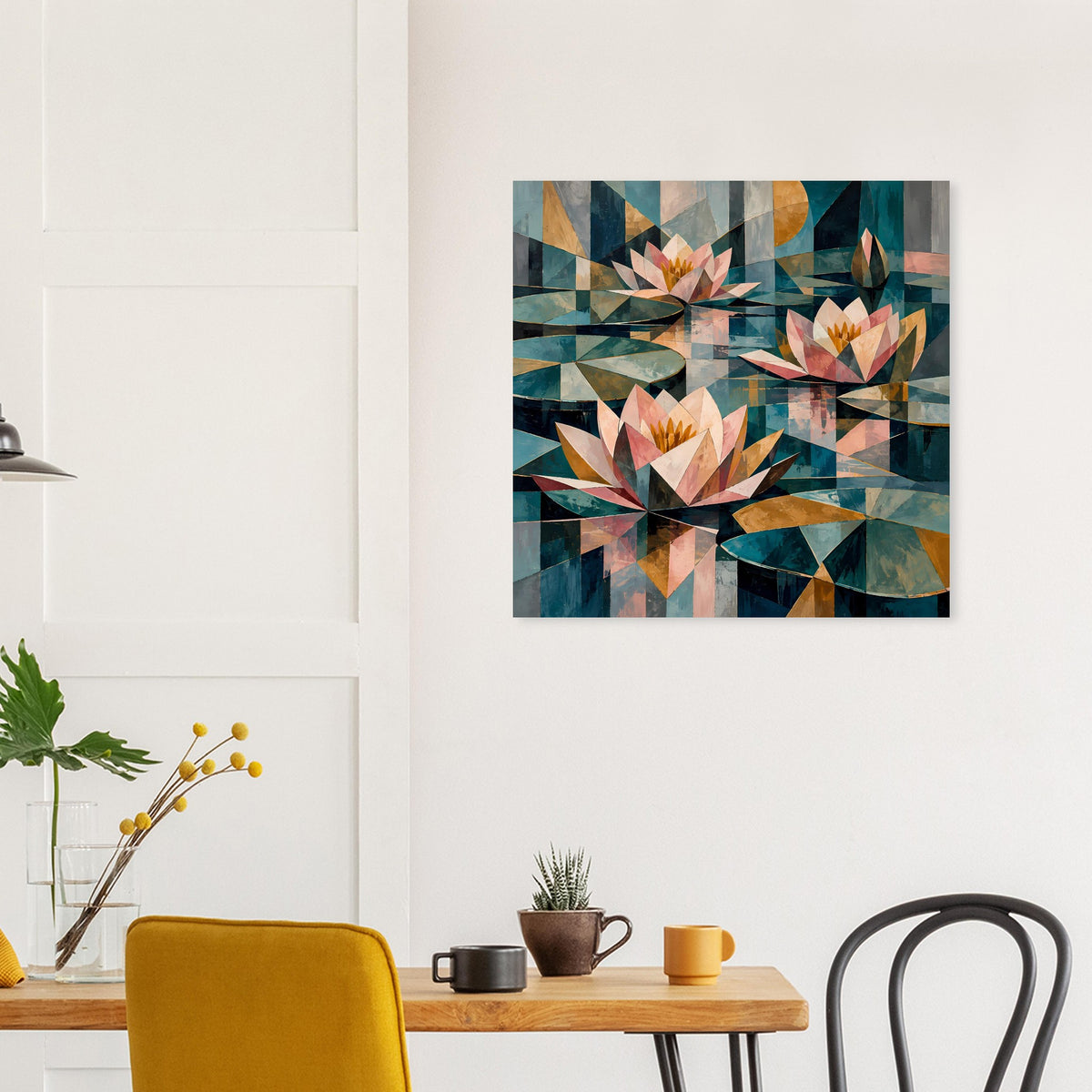 Quadratisches Wandposter mit geometrischen Seerosen in Türkis-Petrol und Pastellorange