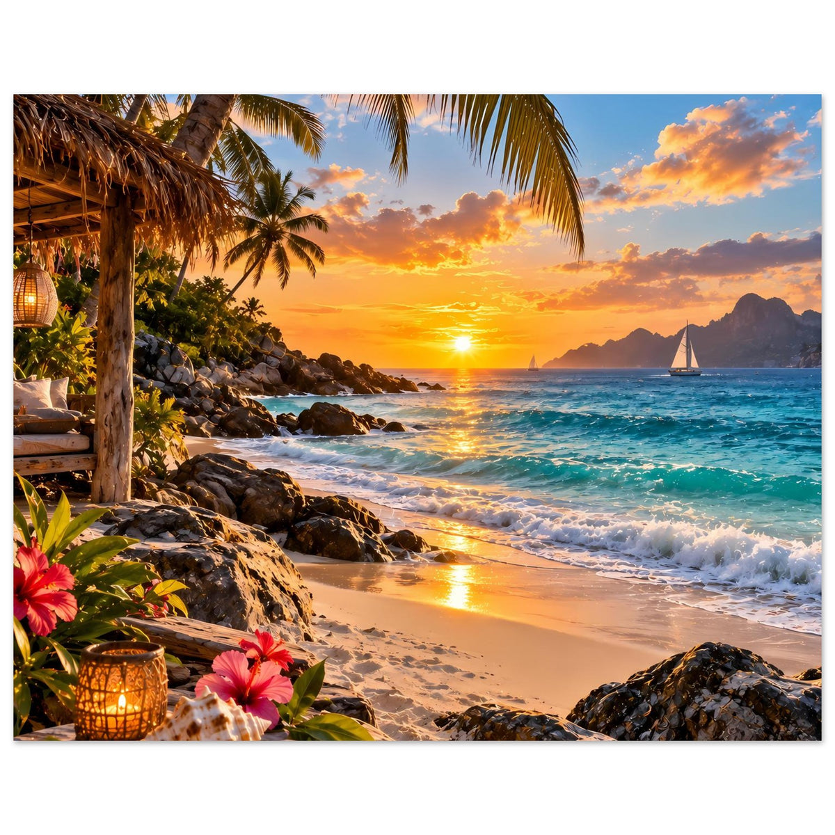 Tropisches Strand-Sonnenuntergangs-Poster mit Blumen links, Palmen, Wellen und Sonne