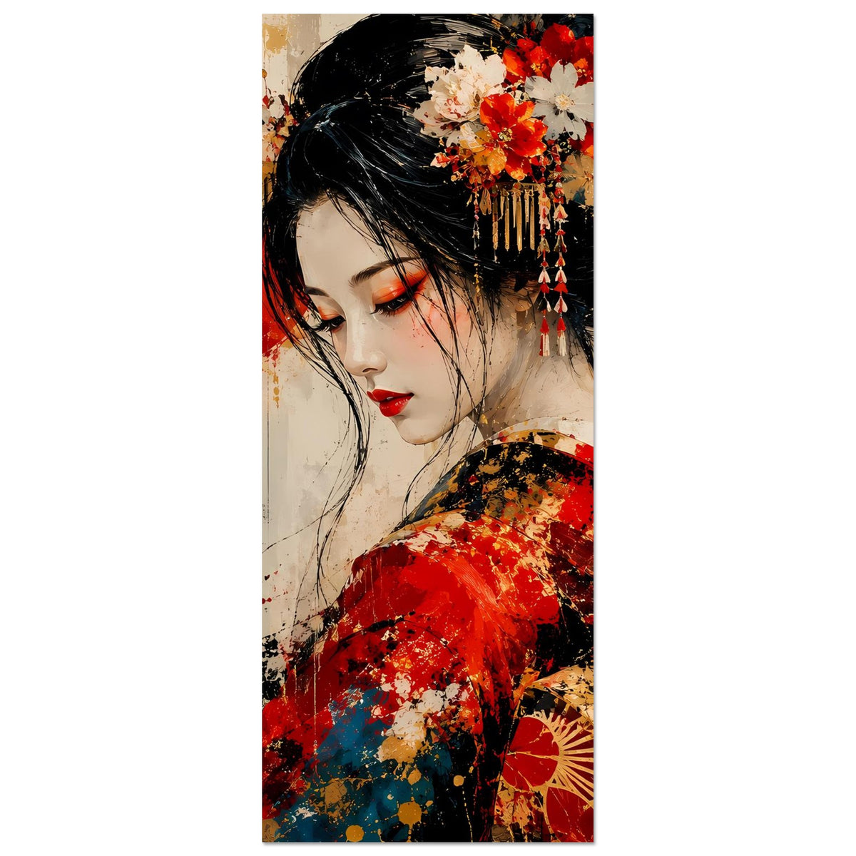 Hochformat-Poster mit Geisha im roten Kimono, goldene Verzierungen, Blumen im schwarzen Haar.
