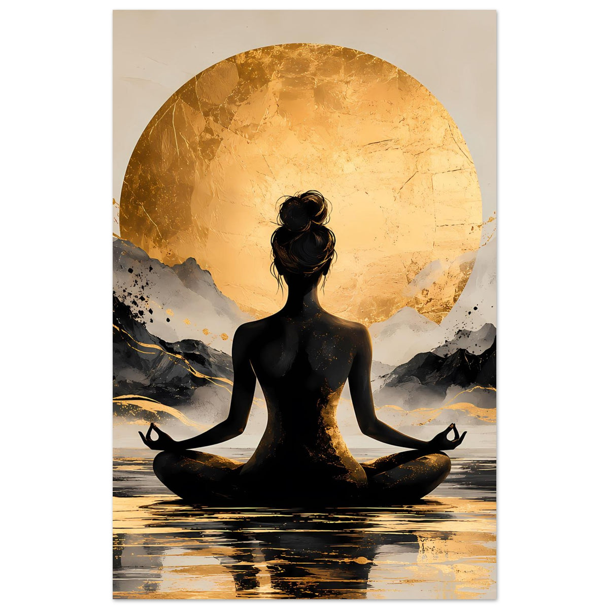 Meditationsposter: schwarze Meditations-Silhouette im Lotussitz, goldenes Sonnenlicht im Kreis