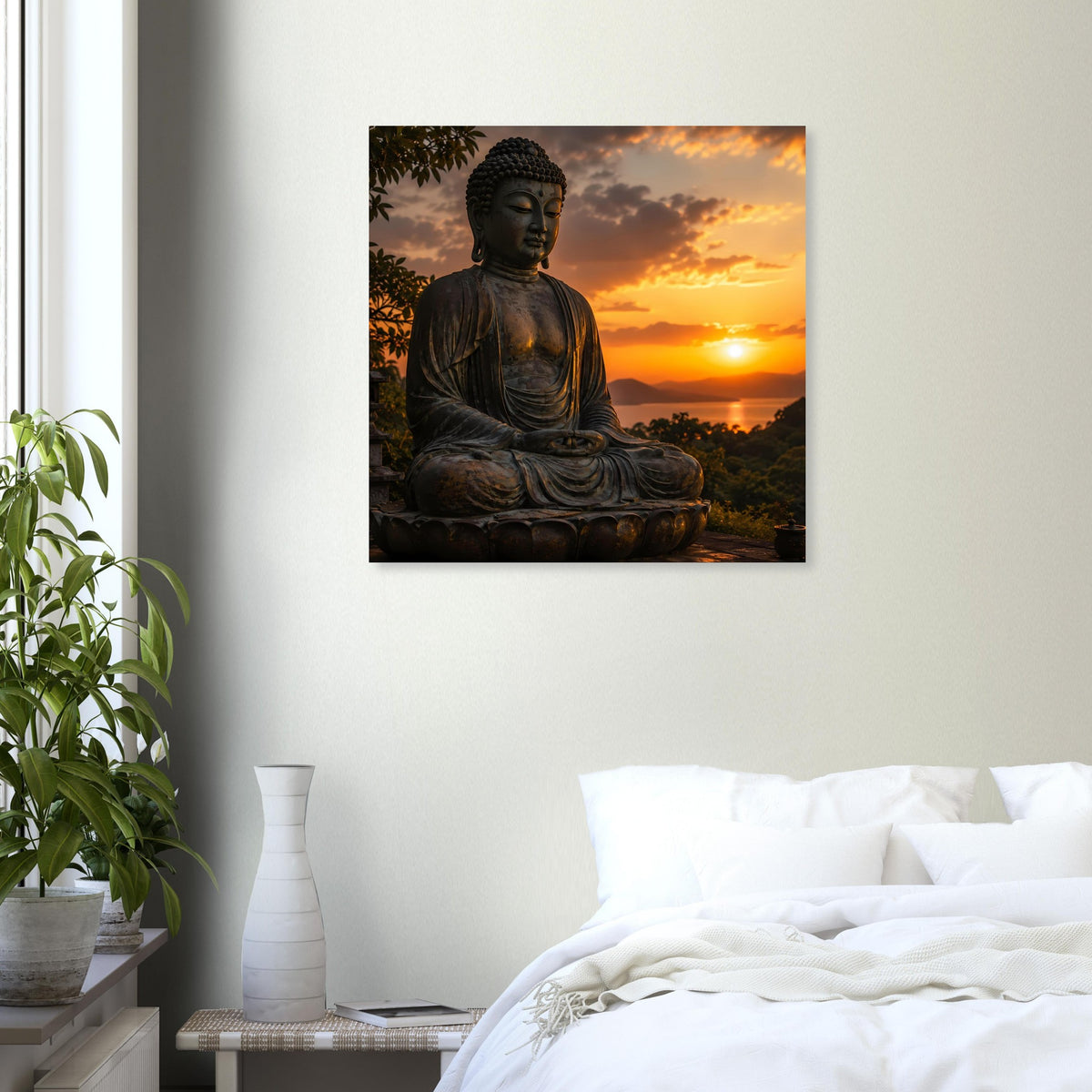 Wandposter mit Buddha-Statue im Meditationssitz, bronzefarbene Figur im Bildausschnitt