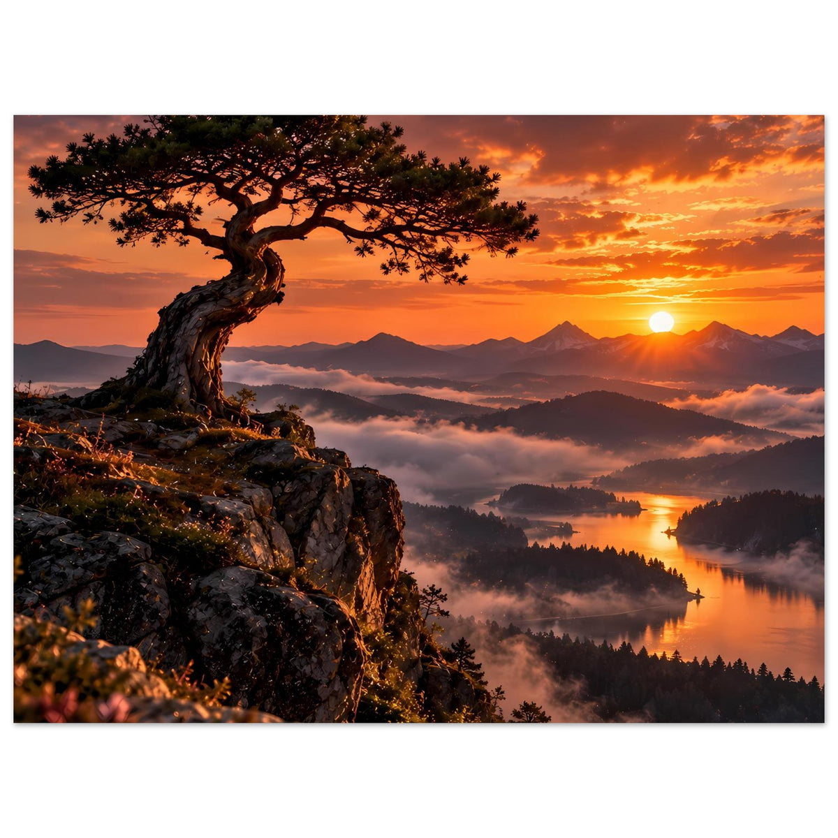 Landschafts-Poster mit großem Baum am Fels, Berge und Fluss im Dunst am Horizont