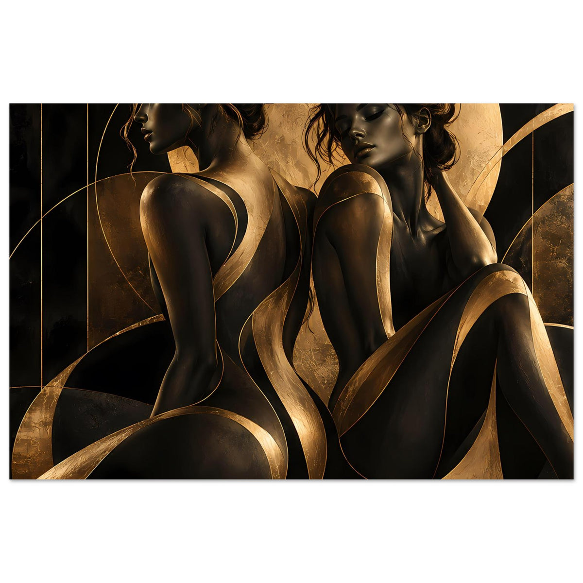 Kunstposter mit zwei Frauenakt-Silhouetten in Schwarz und Gold, komplette Szene von Profil bis Beine