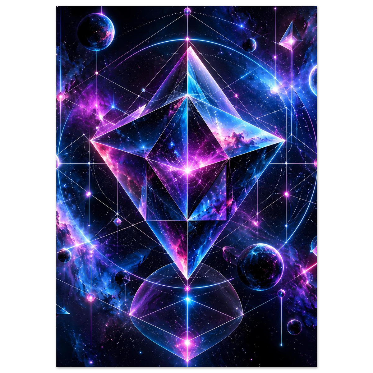 Vertikales Cosmic-Geometry-Poster mit geometrischem Stern, Planeten und funkelnden Neon-Umrissen