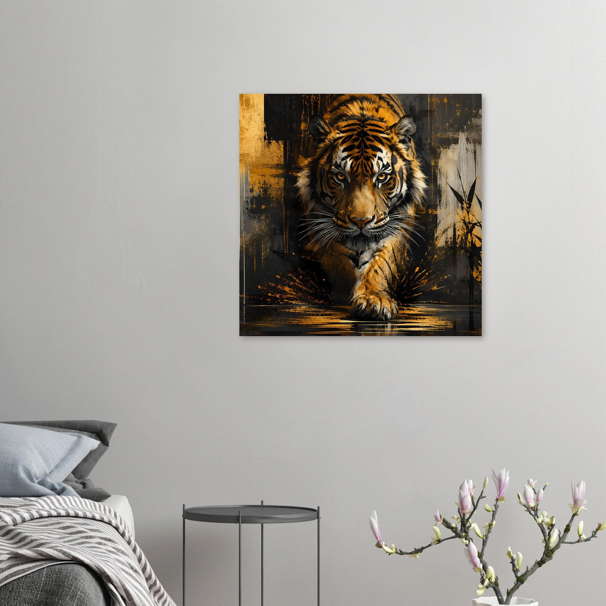 Kleines Poster mit Tigerporträt, goldbraunes Fell und dunkles Farbkunst-Motiv