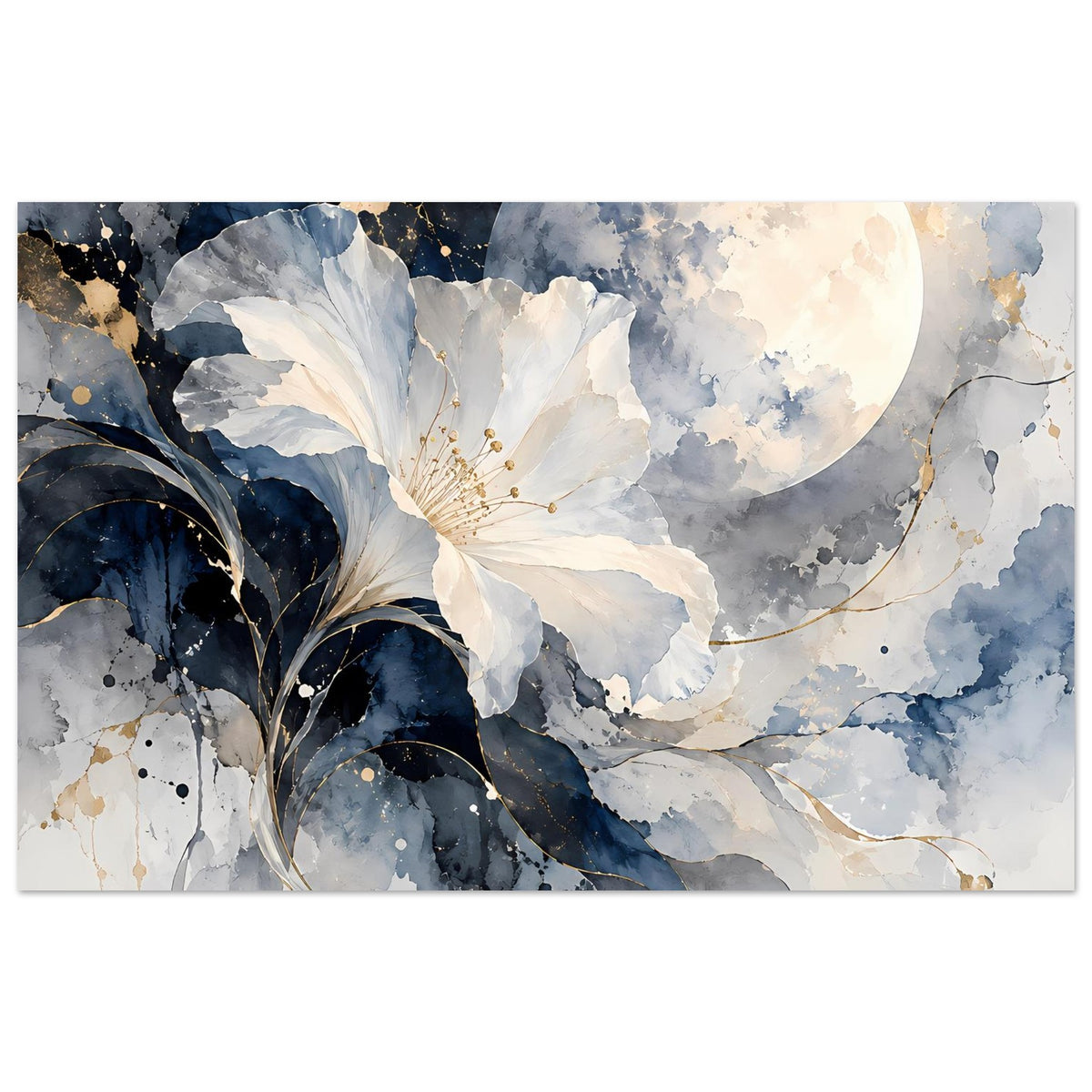 Wandposter (quer) mit Mondsichel, weißen Blüten und Aquarell-Flächen in Blau