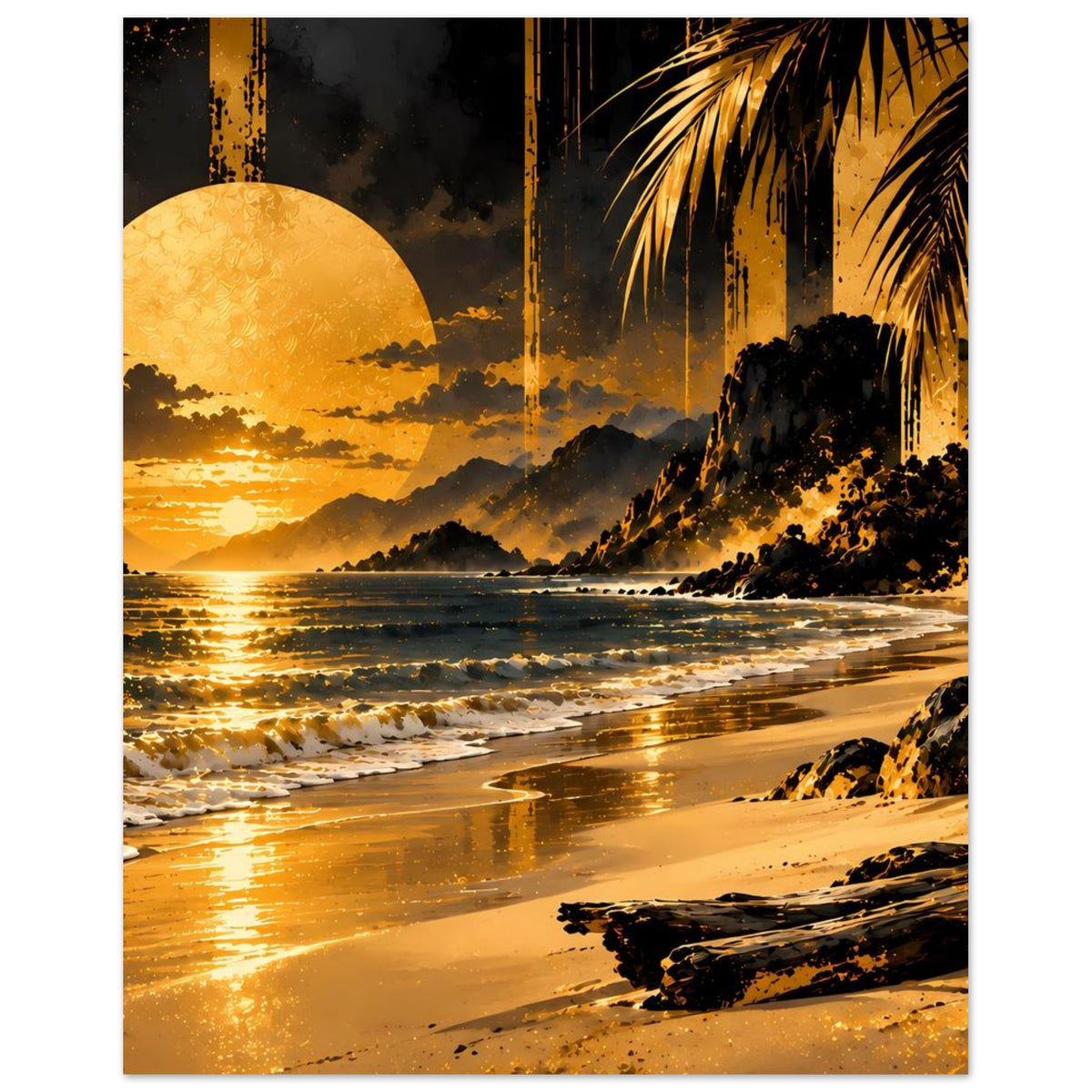Kunstposter Strand bei Sonnenuntergang mit großer gelber Sonne, Wellen und Palmenblatt