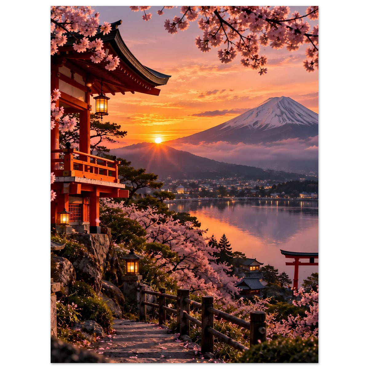 Premium-Poster mit Kirschblütenzweigen, Tempelgeländer und Torii am See mit Fuji im Hintergrund