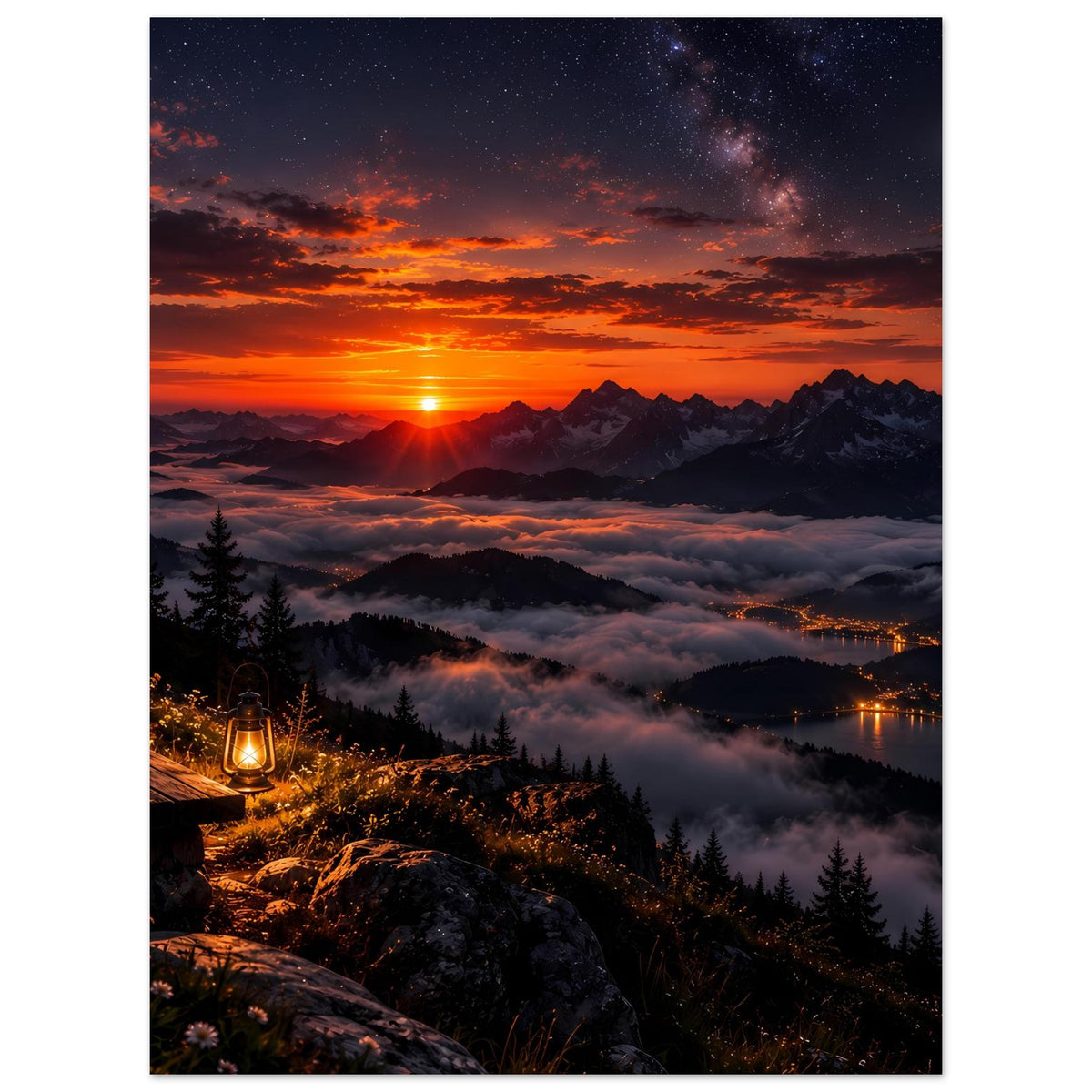 Landschaftsposter mit leuchtender Sonne über Bergen, Sternenmeer und See mit warmen Lichtern