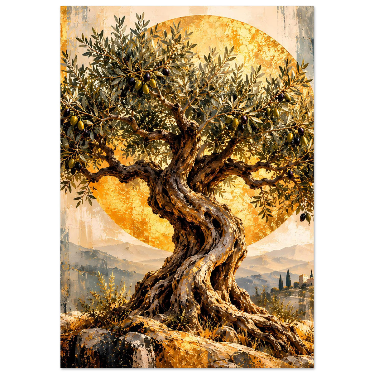 Poster zeigt goldenen Olivenbaum mit verwittertem Stamm und dichtem Blätterdach