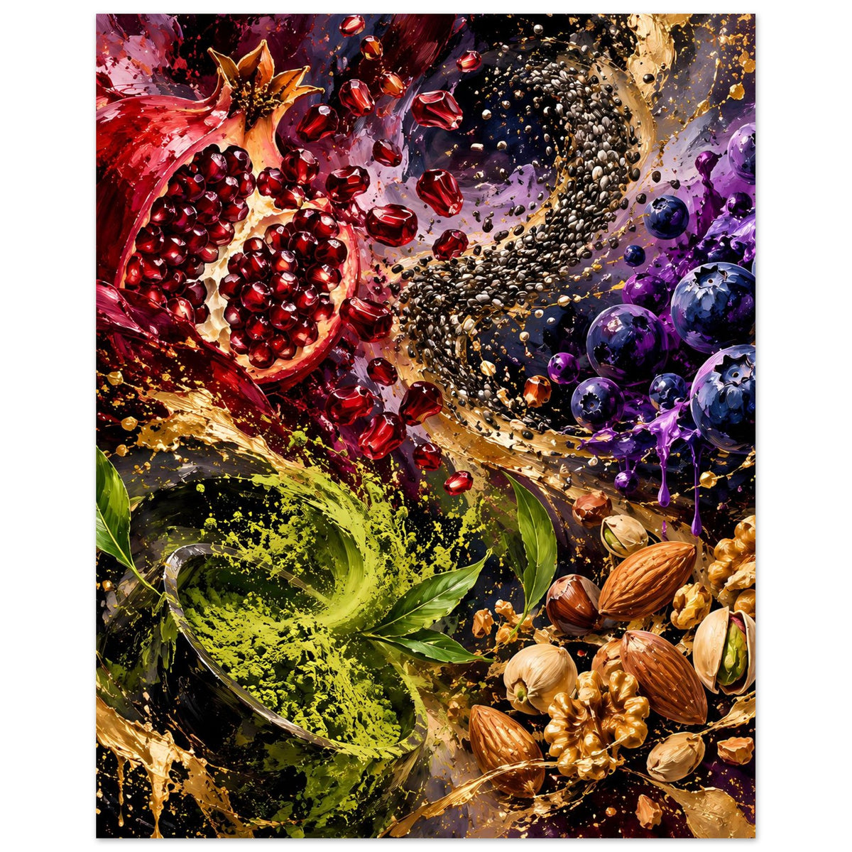 Poster mit Granatapfel, lila Beeren, grünem Pulverwirbel und Nüssen im Detail