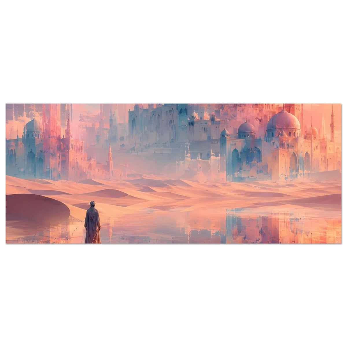 Horizontales Poster: orientalische Palaststadt, Sanddünen mit Spiegelung, ohne Randdetails.