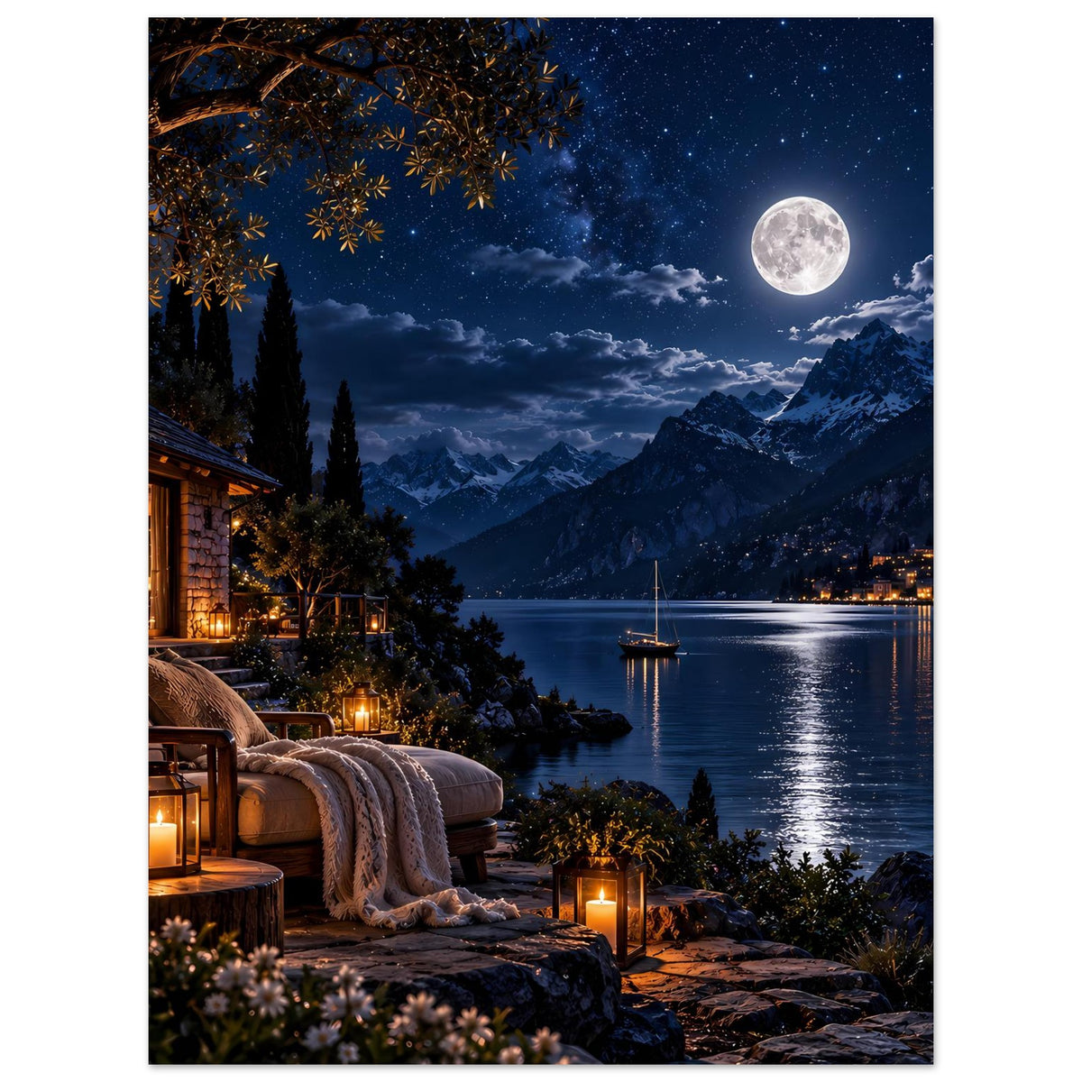 Hochformat-Poster: Vollmond über Bergsee, ruhiges Wasser, Licht am Ufer und Terrassenlaternen