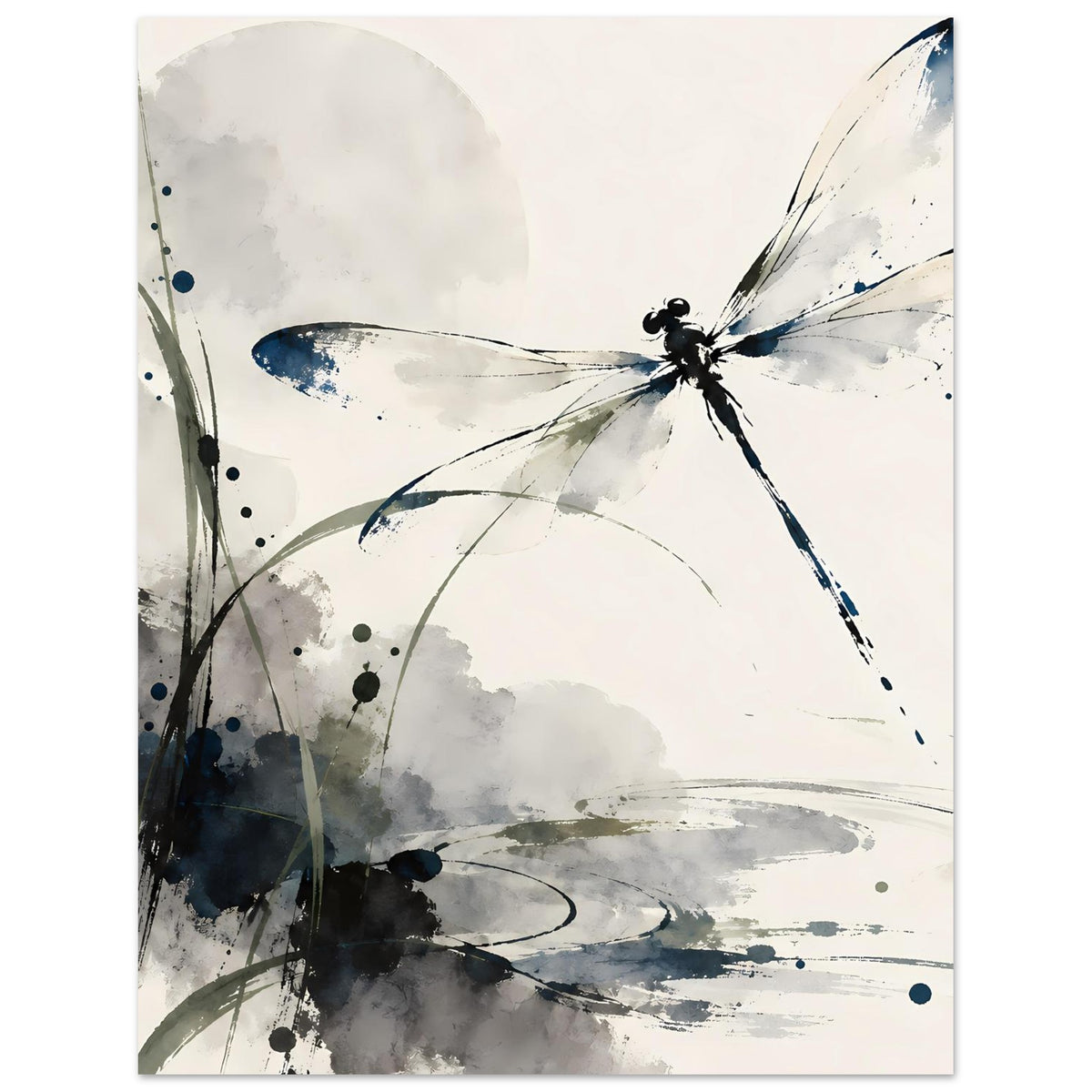Quadratisches Aquarell-Poster mit Libelle in Blau und Grau, feine Sprenkelflecken