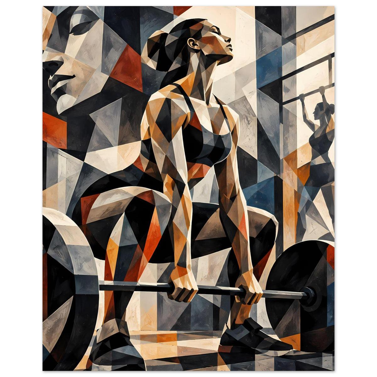Abstraktes Fitness-Poster: Sportlerin mit Langhantel, geometrische Formen und Farbbahnen in Blau und Schwarz.