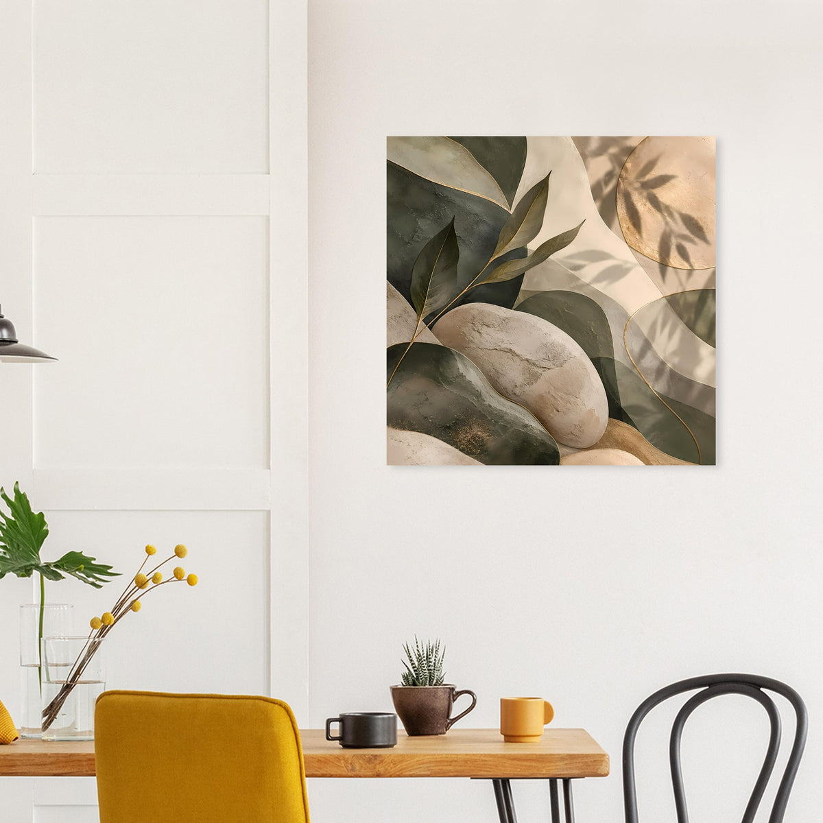 Quadratisches Poster mit Blättern und Steinen in Beige, Grün und Dunkelgrau