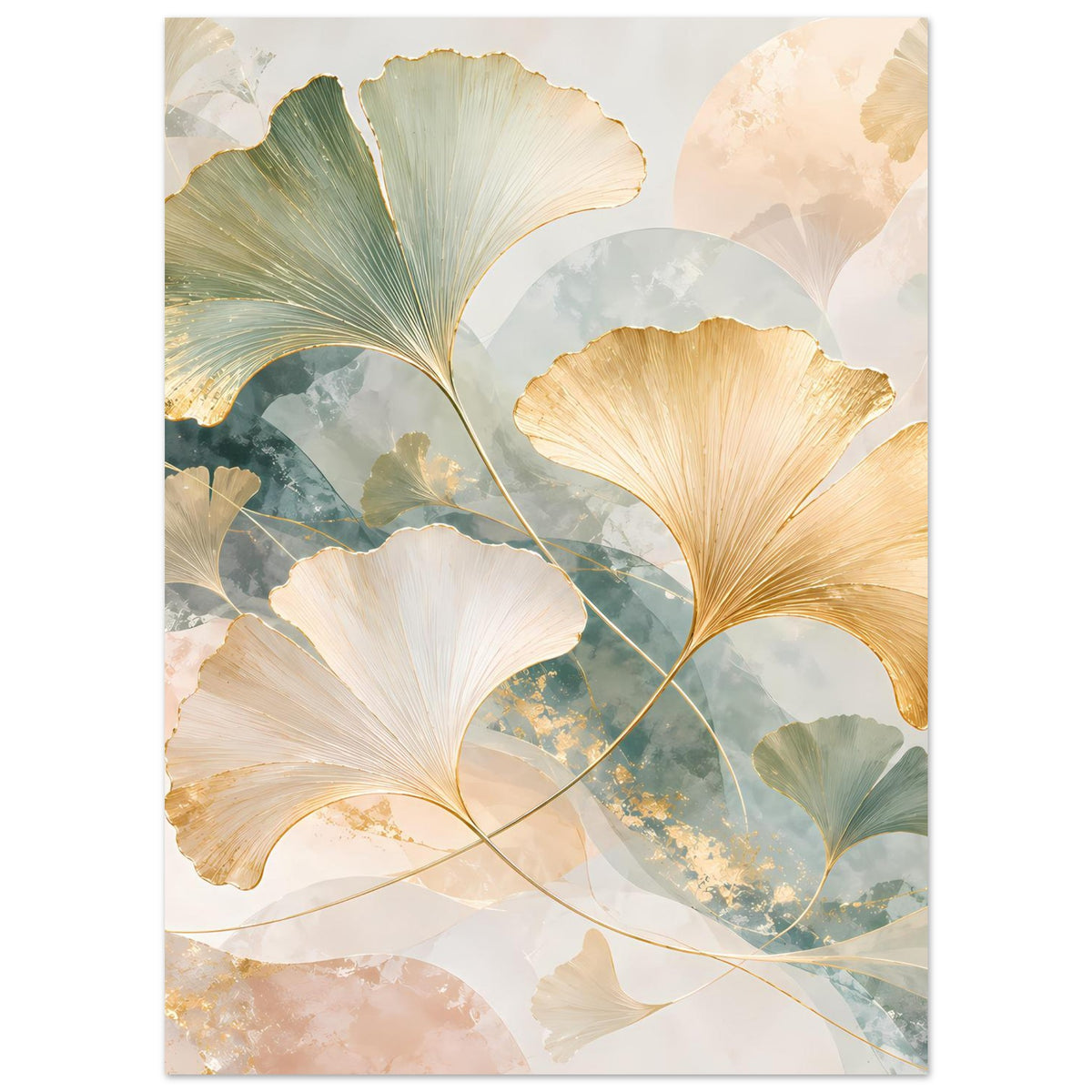 Poster mit Ginkgo-Blättern in Gold, Türkis und hellem Creme-Ton