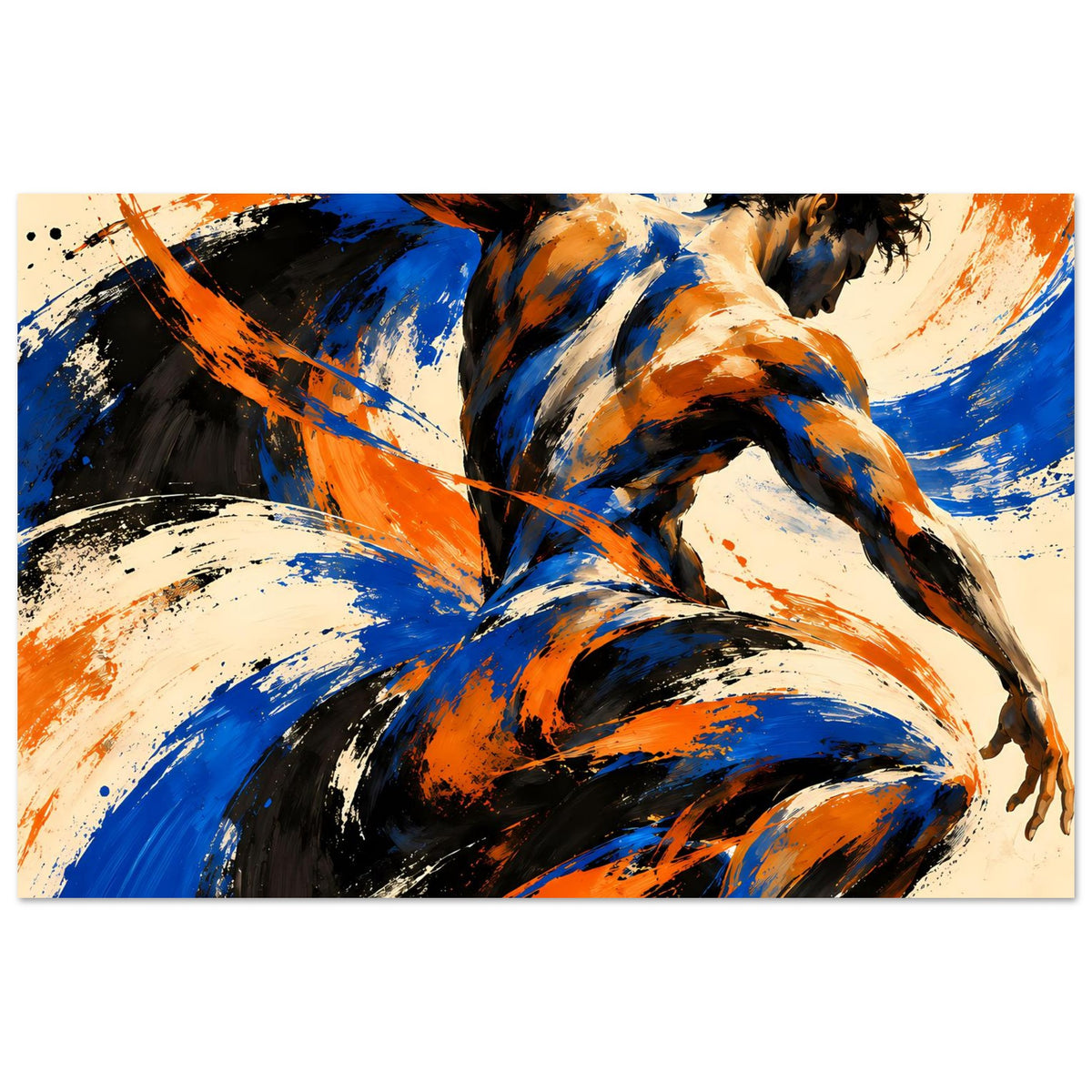 Kunstposter mit dynamischen Farbwirbeln in Blau, Orange und Schwarz, ohne Text