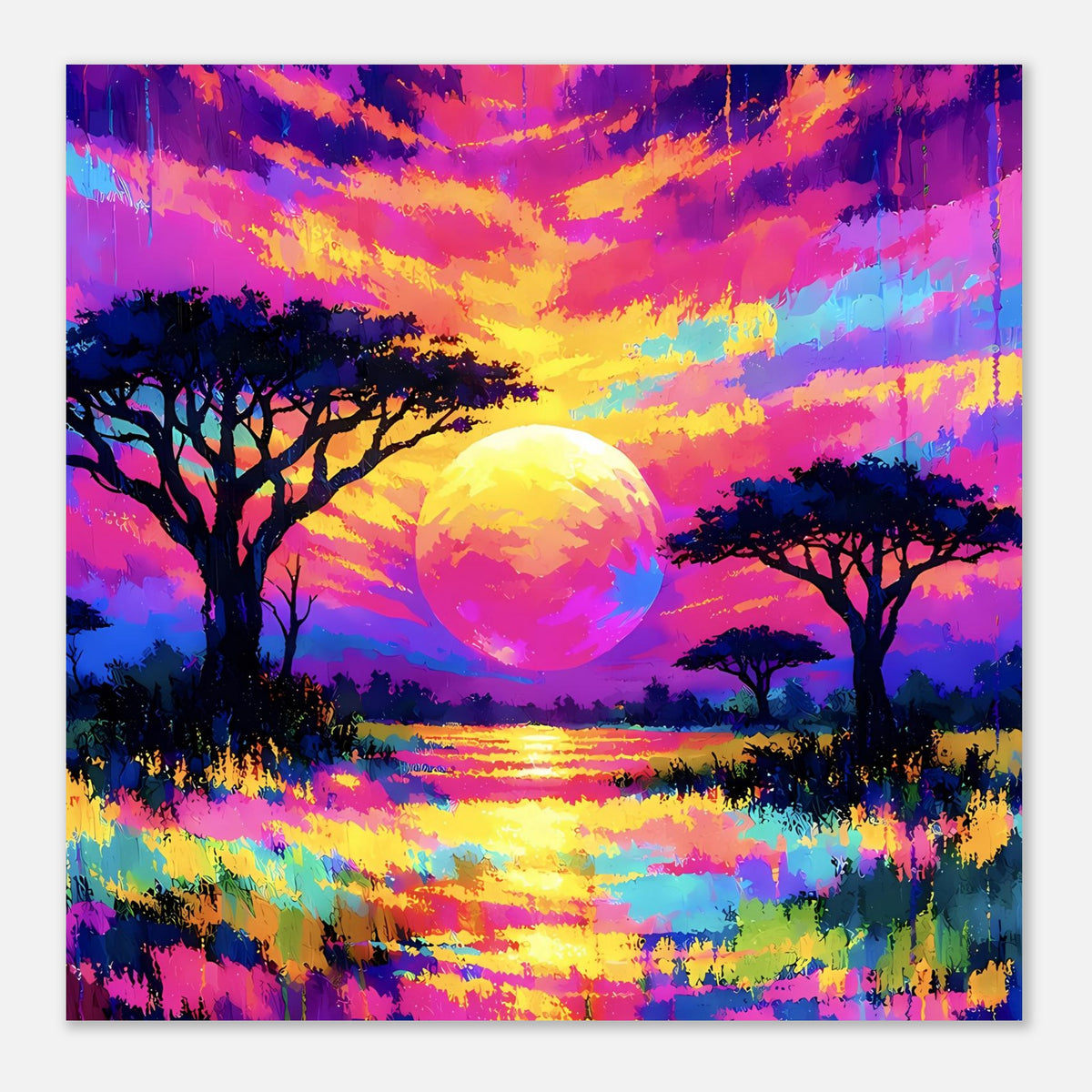 Neonfarbenes Landschafts-Poster: Sonnenball über See, reflektierender Horizont und Bäume