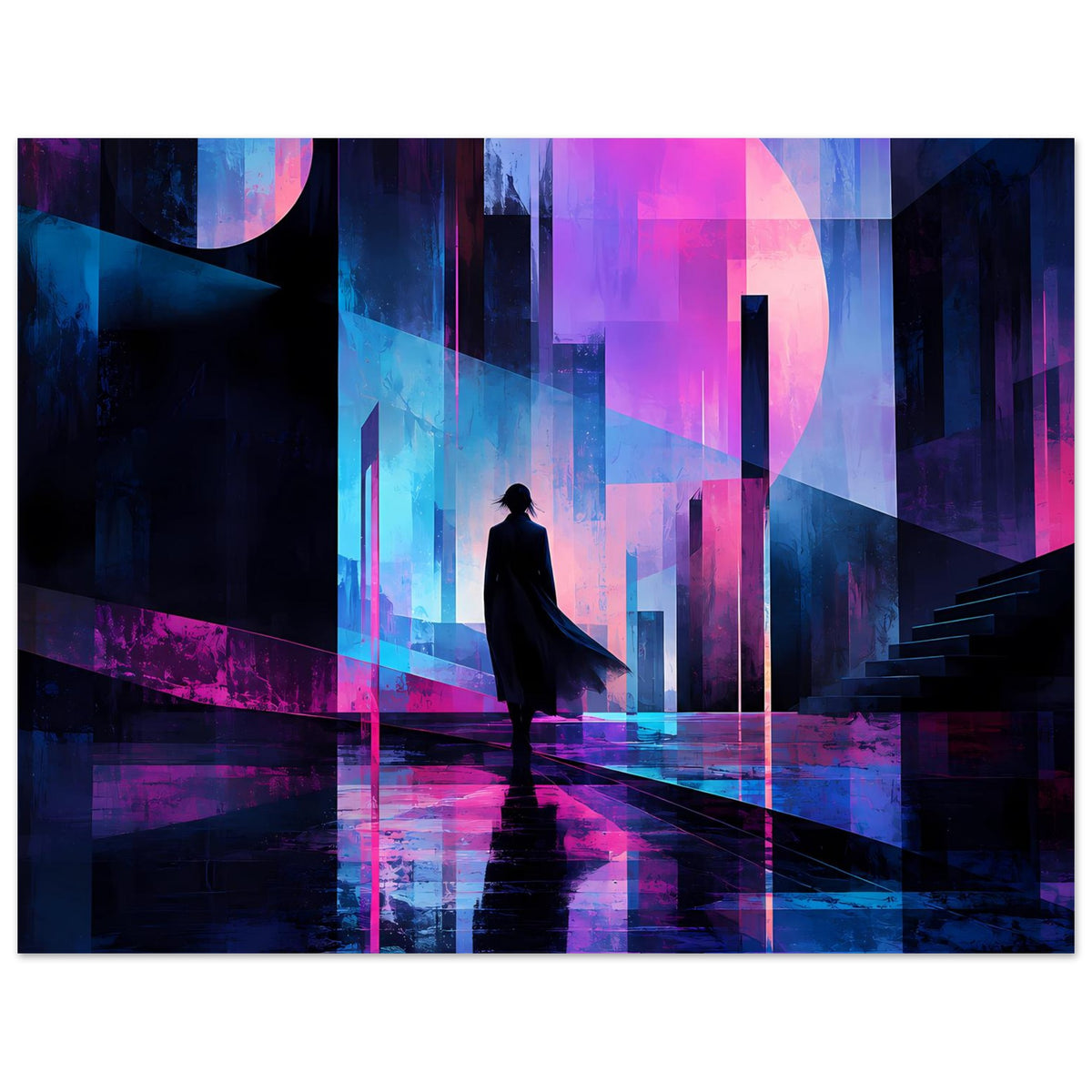 Neon-Nachtlandschaft Poster, zentrierte Silhouette auf Weg, futuristische Skyline mit pink-blauem Schimmer
