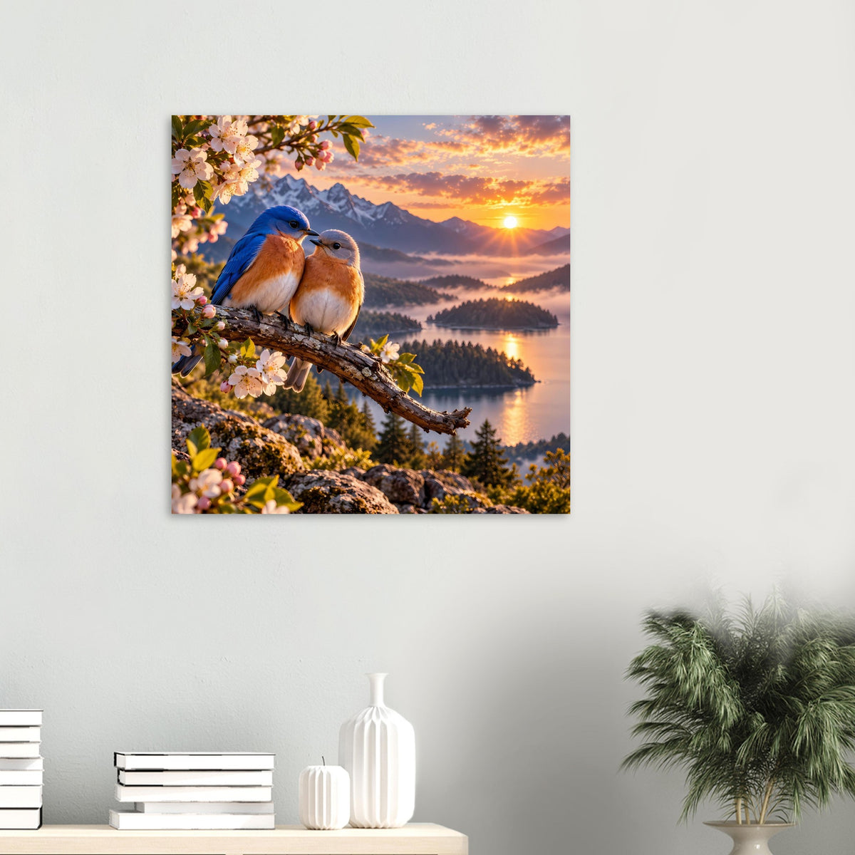 Poster mit zwei Vögeln auf Ast und Sonnenuntergang über See und Berge.