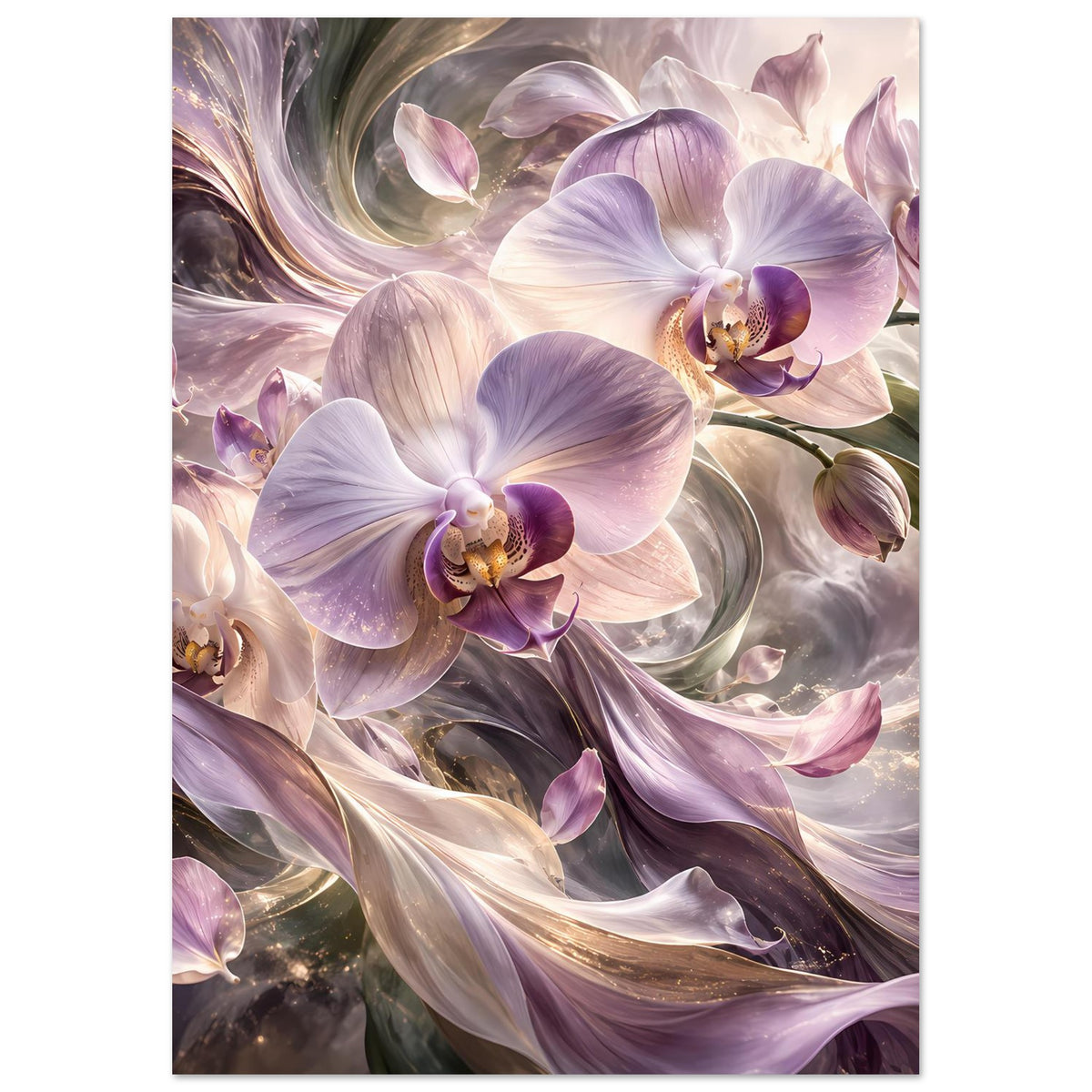 Hochkant-Blumenposter: große violette Orchidee vor cremefarbenen Blüten und Blättern