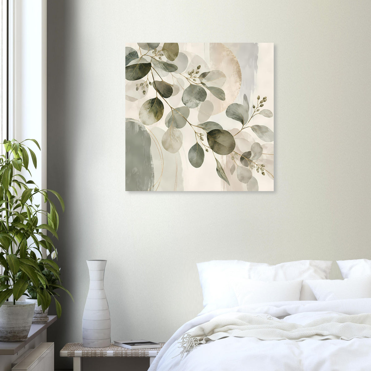 Quadratisches Poster mit botanischen Blättern in gedeckten Grün- und Beigetönen