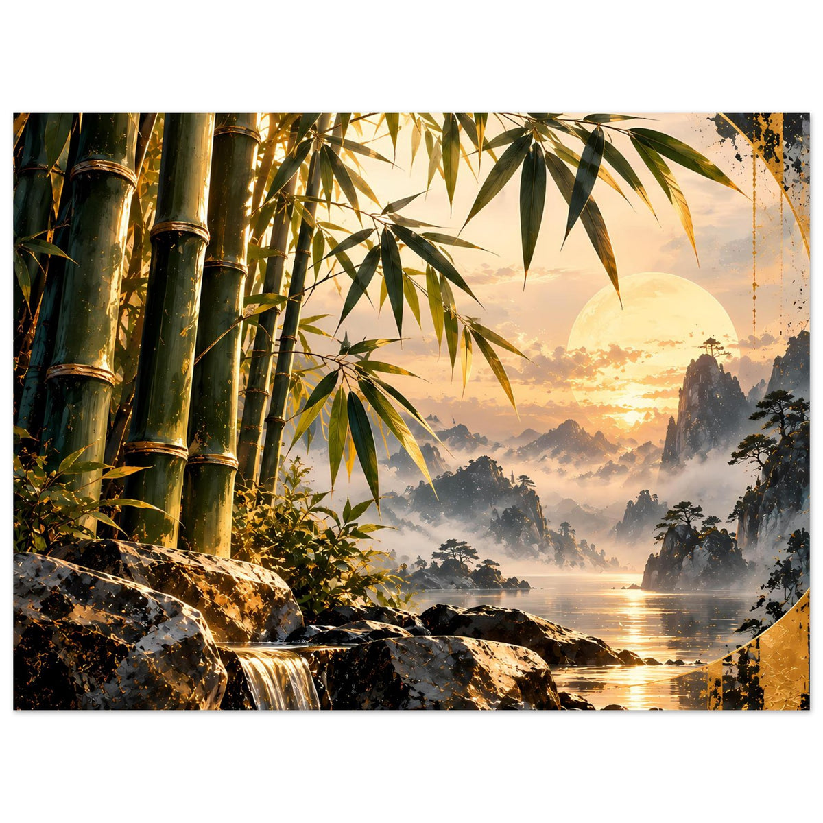 Poster Bambus-Sonnenuntergang mit Bambusstämmen, Wasserfall und goldfarbenem Horizont