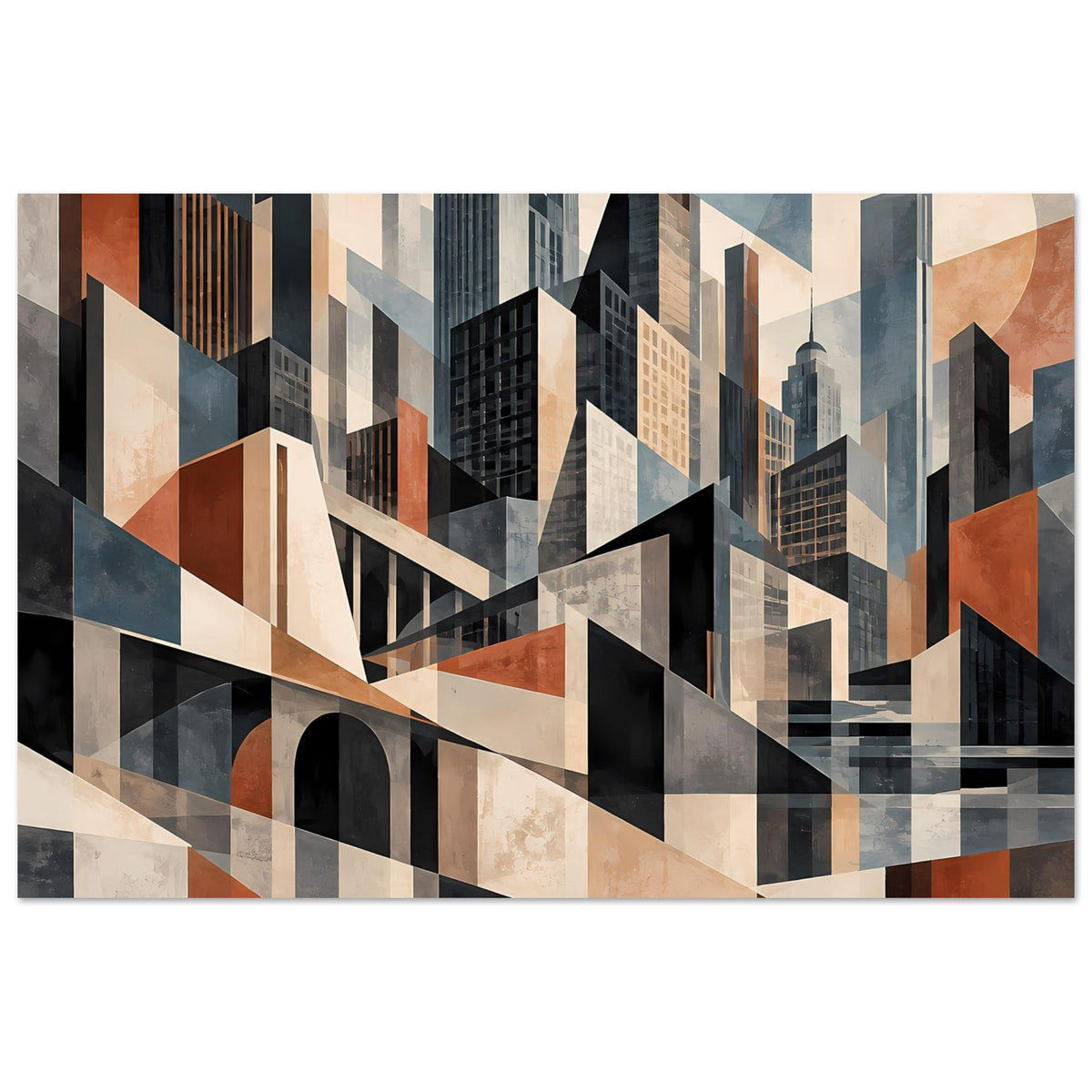 Architekturposter mit abstrakter Stadtsilhouette, Gebäudeblöcken, Bogenöffnungen und blauen Highlights