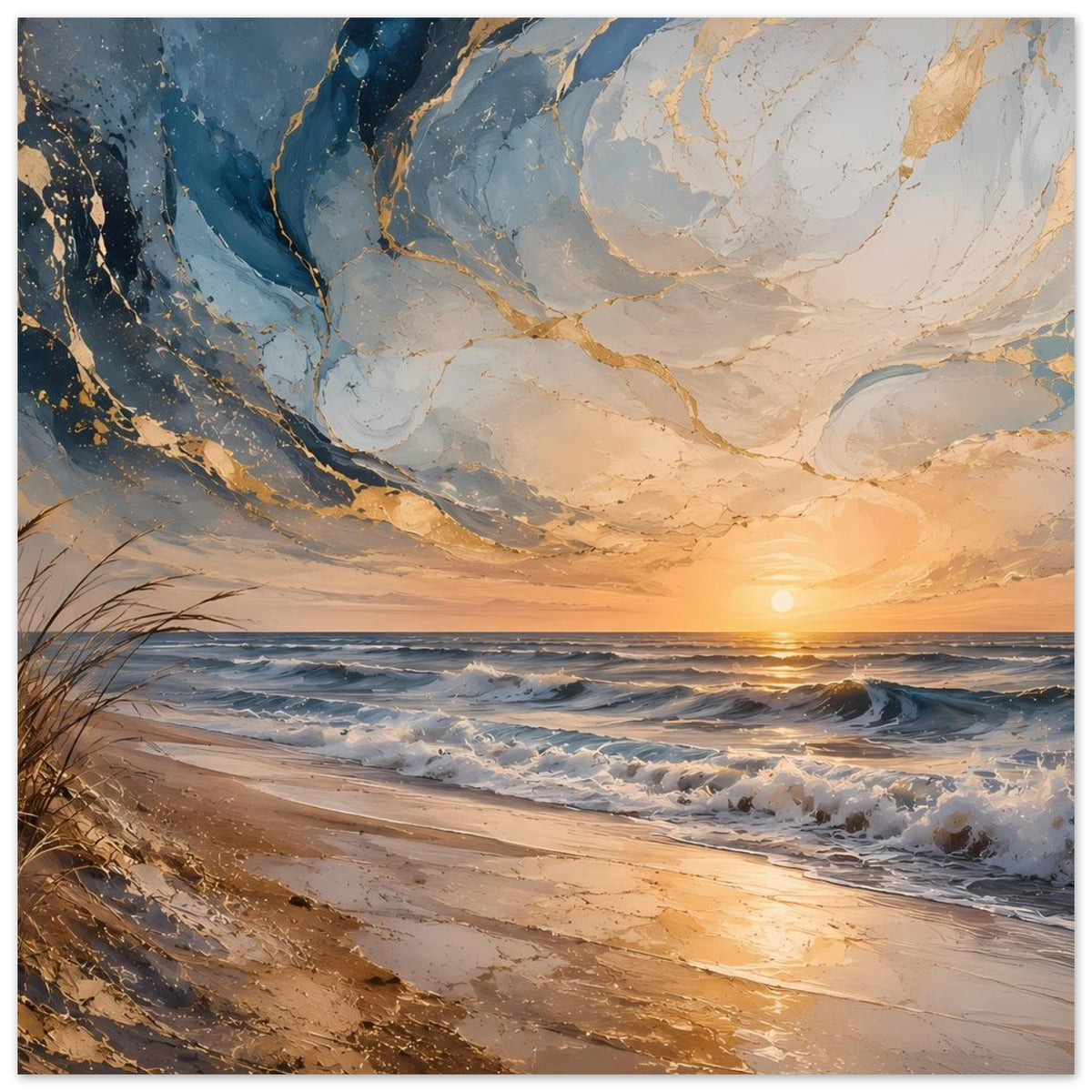 Seeposter mit goldenen Wellen am Strand bei Sonnenuntergang, blau-goldene Farbübergänge