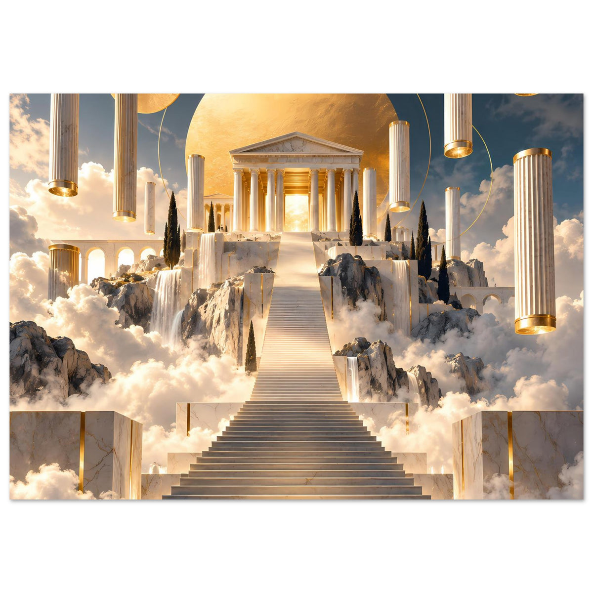 Kunstposter mit goldenen Säulen und Treppe über Wolken, klassisches Tempelmotiv
