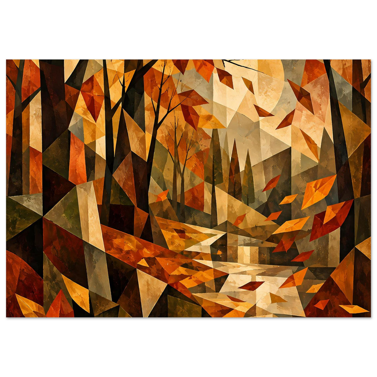 Herbstlandschaft-Poster im Kubismus-Stil, warme Farbfelder und Dreiecke, Bäume und Pfad, horizontal