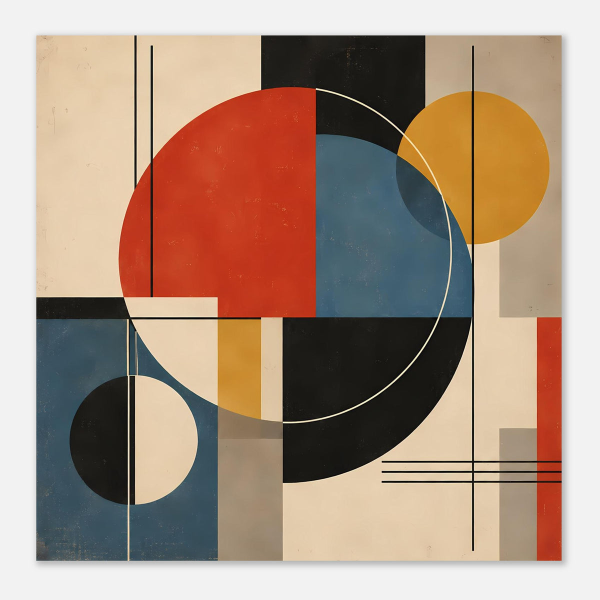 Kunstposter im geometrischen Stil mit Kreisen, Rechteckraster und Akzenten in Rot, Blau, Gelb und Schwarz.