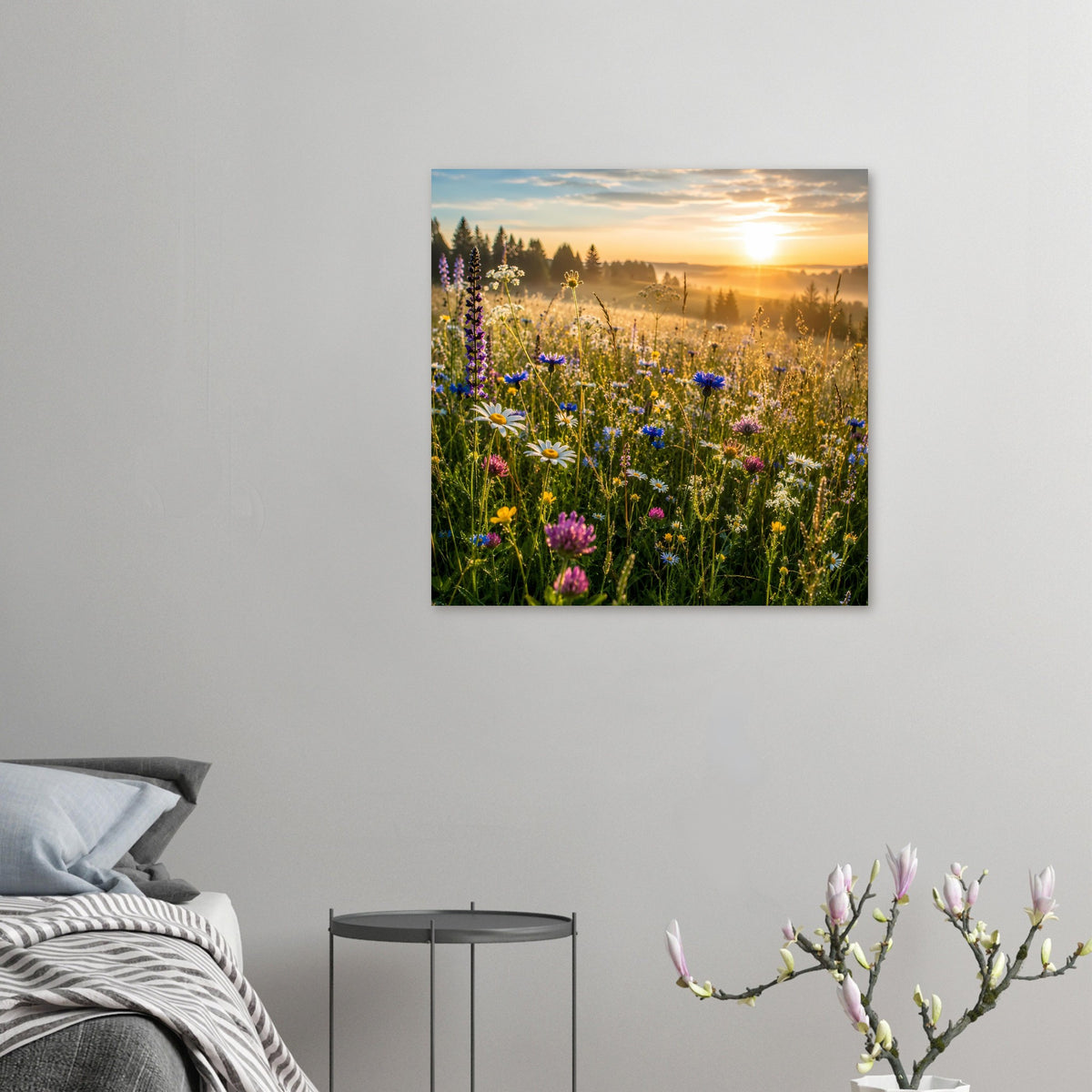 Mini-Poster: Wiesenblumen bei Sonnenuntergang, bunte Blüten vor weichem Dunst.