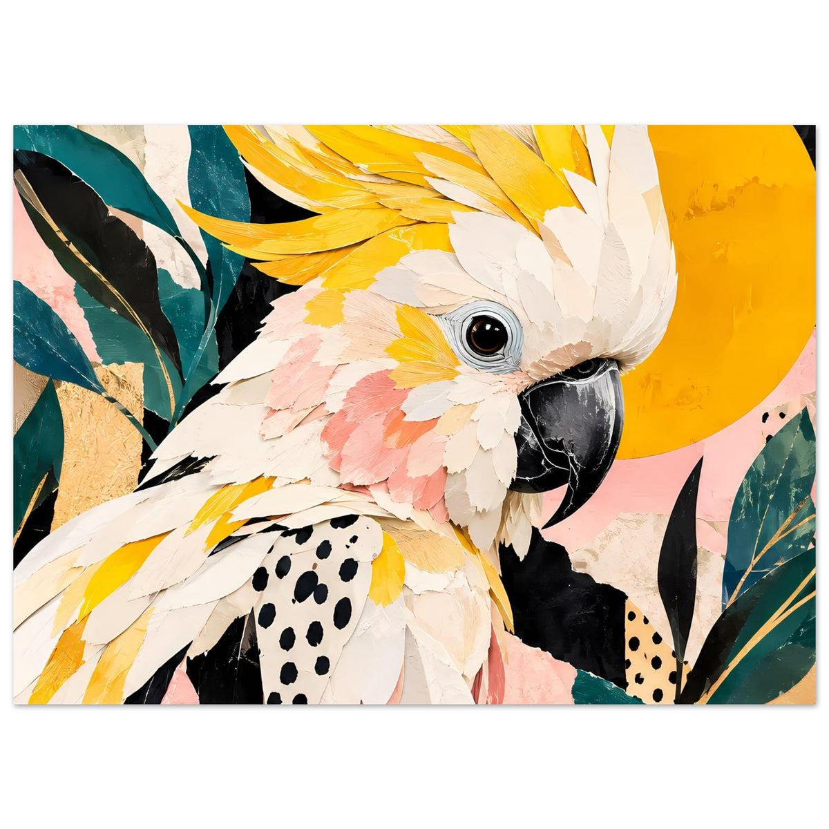 Querformat-Poster mit buntem Kakadu, gelber Scheibe, schwarz gepunktetem Muster und Blättern