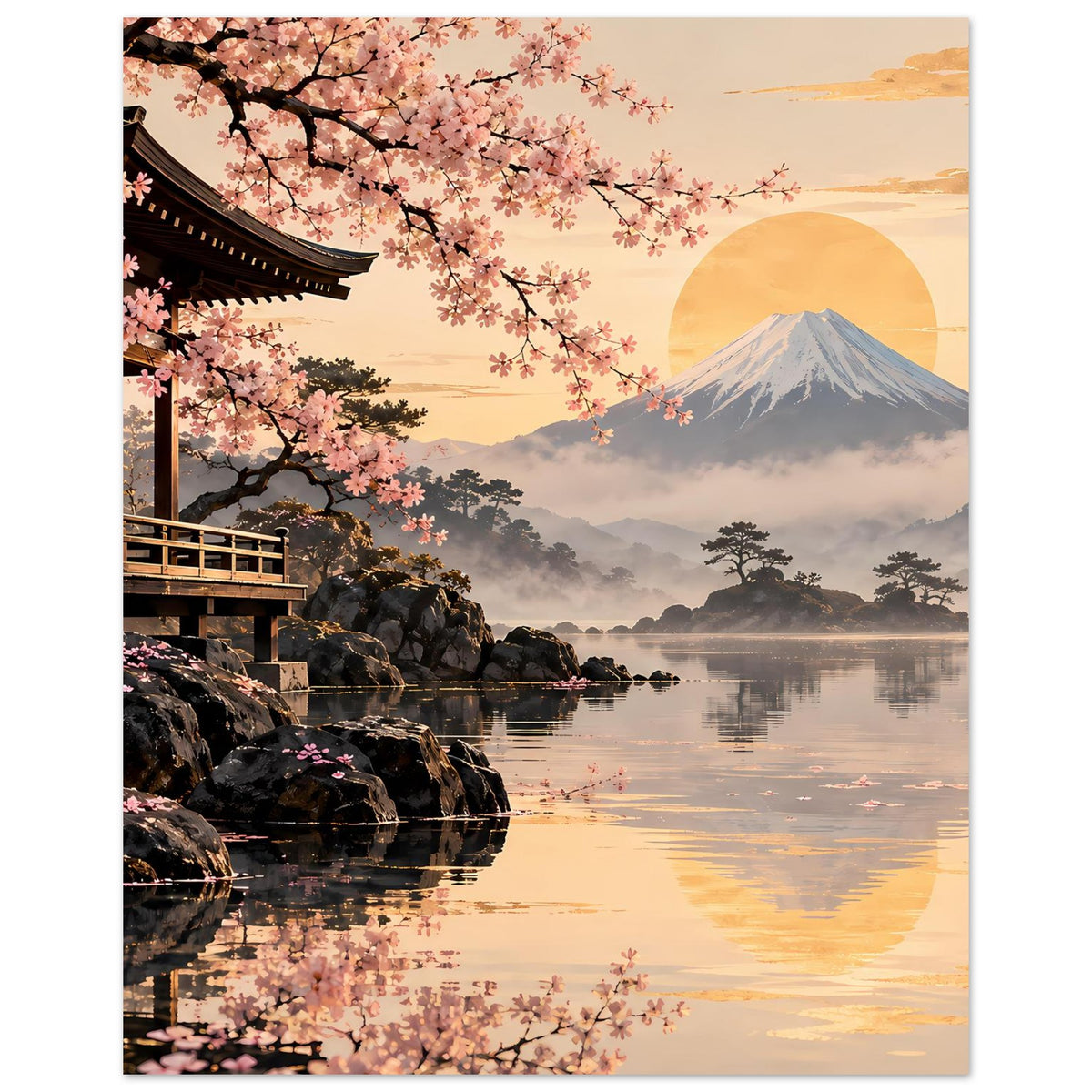 Sakura-Poster mit Kirschblüten, Tempelgang, Felsen am Wasser und Berg Fuji