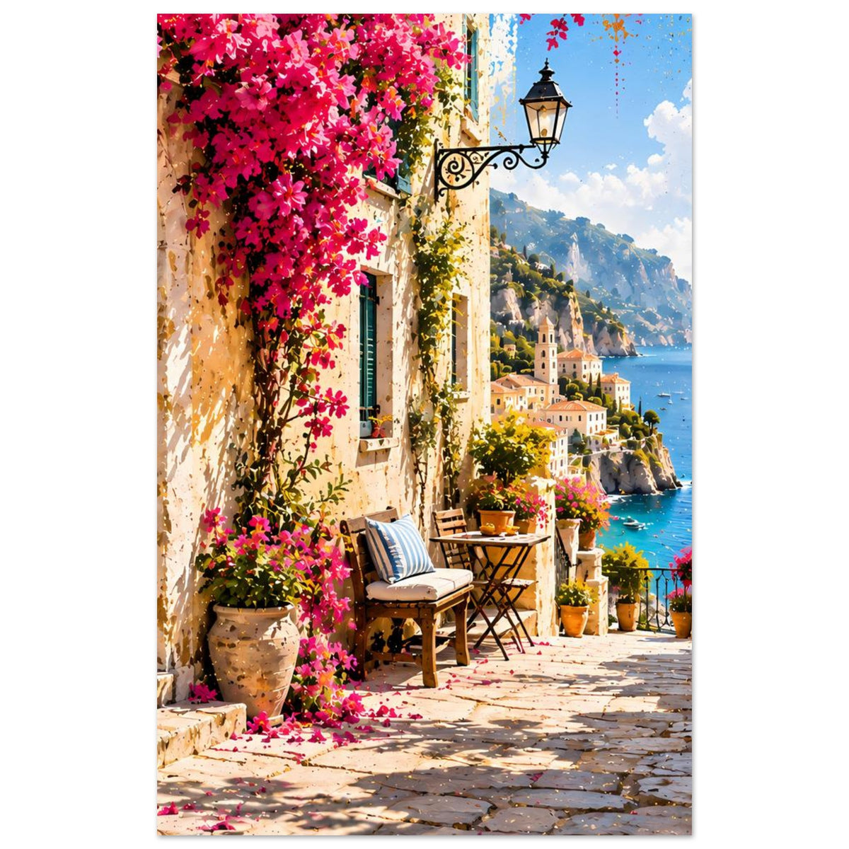 Mediterranes Küstenposter, enger Ausschnitt mit Laterne, Blütenranken und Meerblick