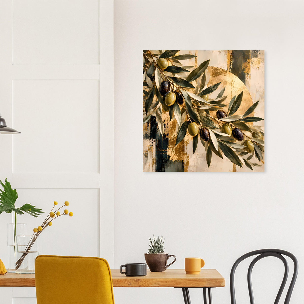 Botanisches Kunstposter mit Olivenzweig-Illustration in Grün und Gold