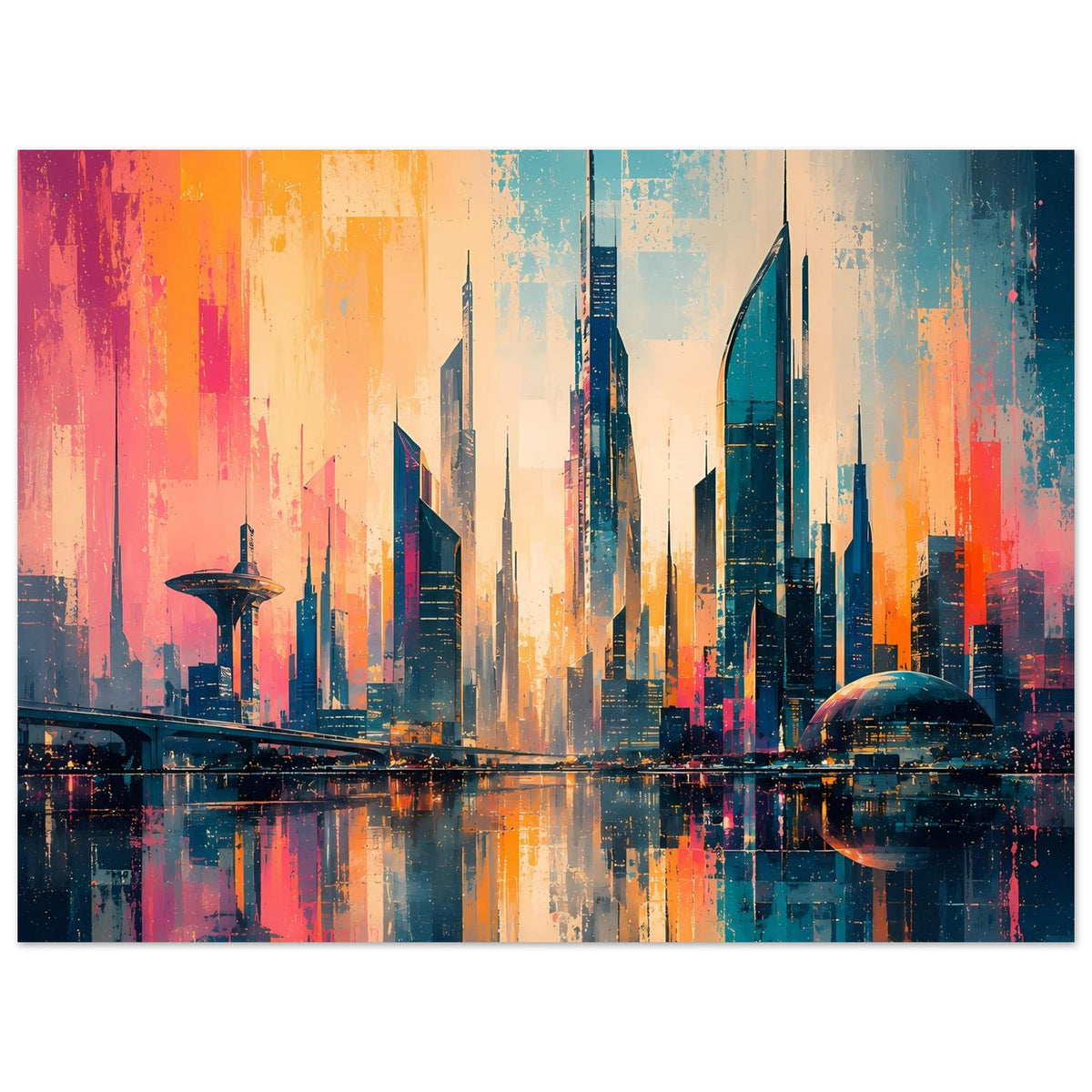 Horizontales Stadtposter: futuristische Skyline mit Wasserreflexion und Sunset-Farben