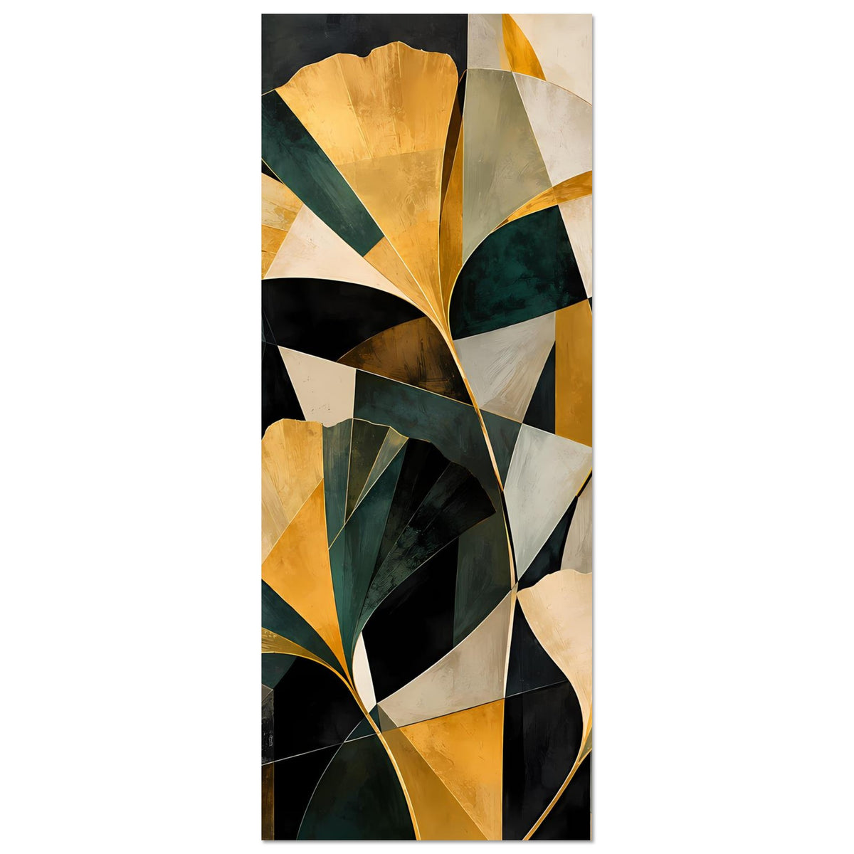 Abstraktes Blumenposter mit goldenen und tiefgrünen Blütenformen, geometrisch, Hochformat